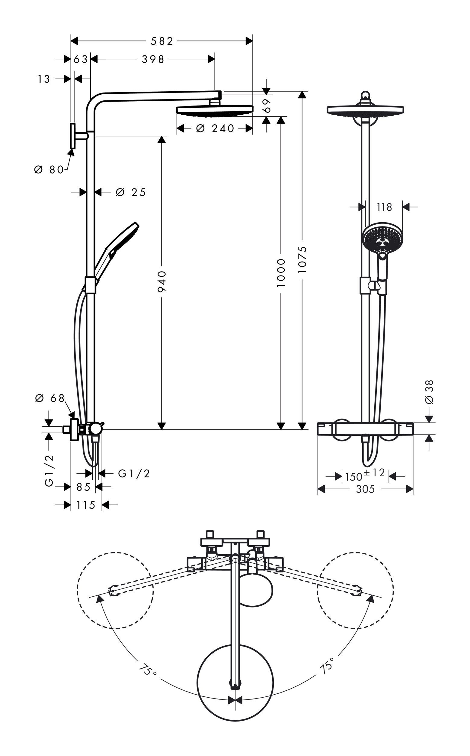 Select 240 2jet Raindance Thermostat S mit 107.5 Chrom Höhe - Showerpipe, hansgrohe cm, Duschsystem