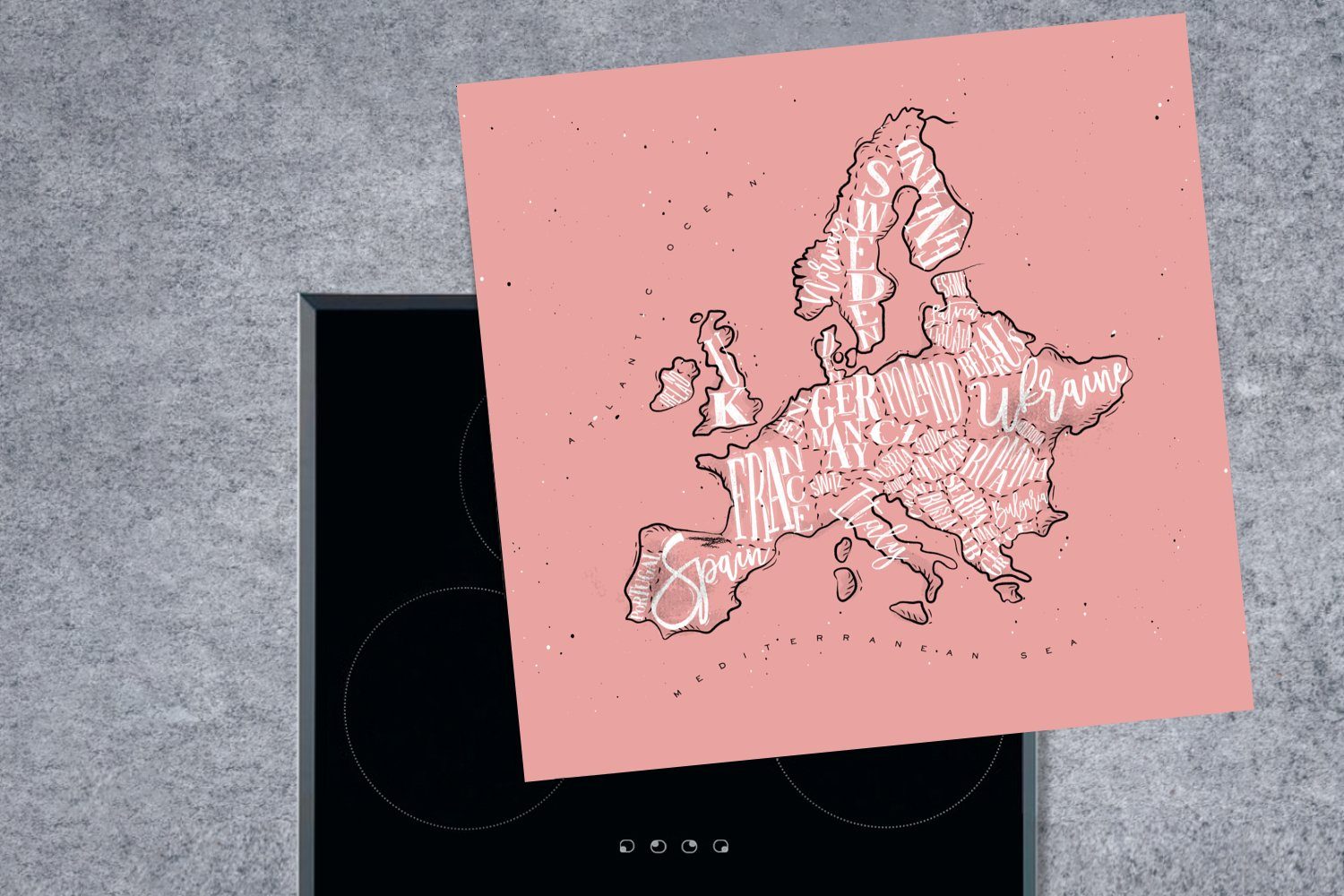 küche Karte Europa Ceranfeldabdeckung, tlg), Vinyl, - (1 Rosa Arbeitsplatte 78x78 - - Briefe, MuchoWow für cm, Herdblende-/Abdeckplatte