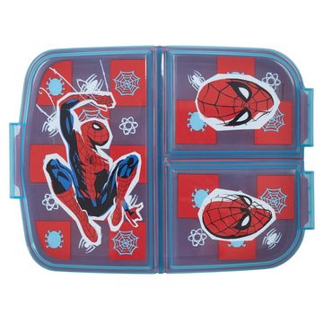 MARVEL Lunchbox Marvel Spiderman 4 tlg Kinder Set, (4-tlg), 3 Kammern Brotdose Alu-Trinkflasche Besteck
