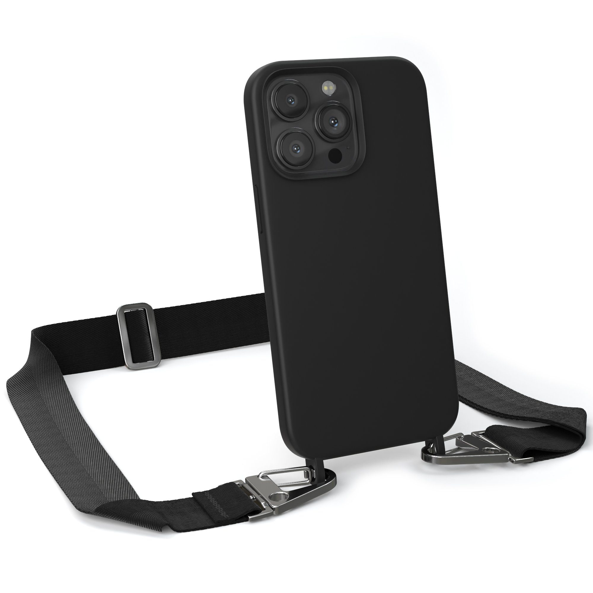 EAZY CASE Handykette Karabiner Breitband für Apple iPhone 13 Pro 6,1 Zoll, Schutzhülle zum Umhängen Handyhülle Umhängeband Matt Schwarz Silber