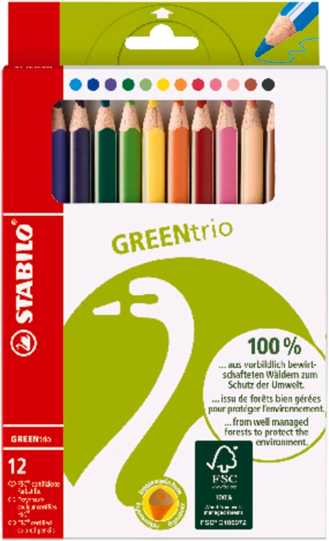 STABILO Buntstift STABILO GREENtrio Dreikant-Buntstift – 12er Etui, FSC-Holz