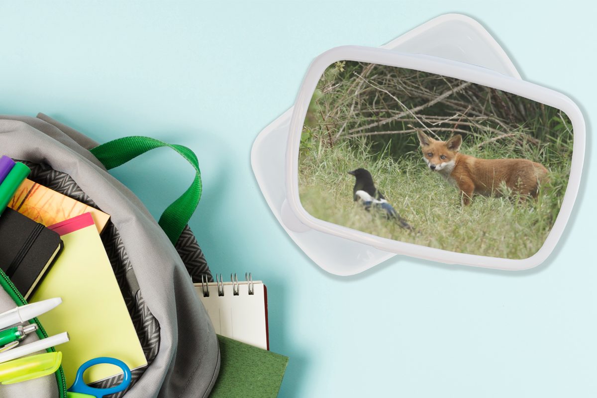 MuchoWow Lunchbox für Erwachsene, Brotbox Kunststoff, (2-tlg), - Fuchs, Vogel Brotdose, für Kinder Tiere weiß Jungs Mädchen und und 