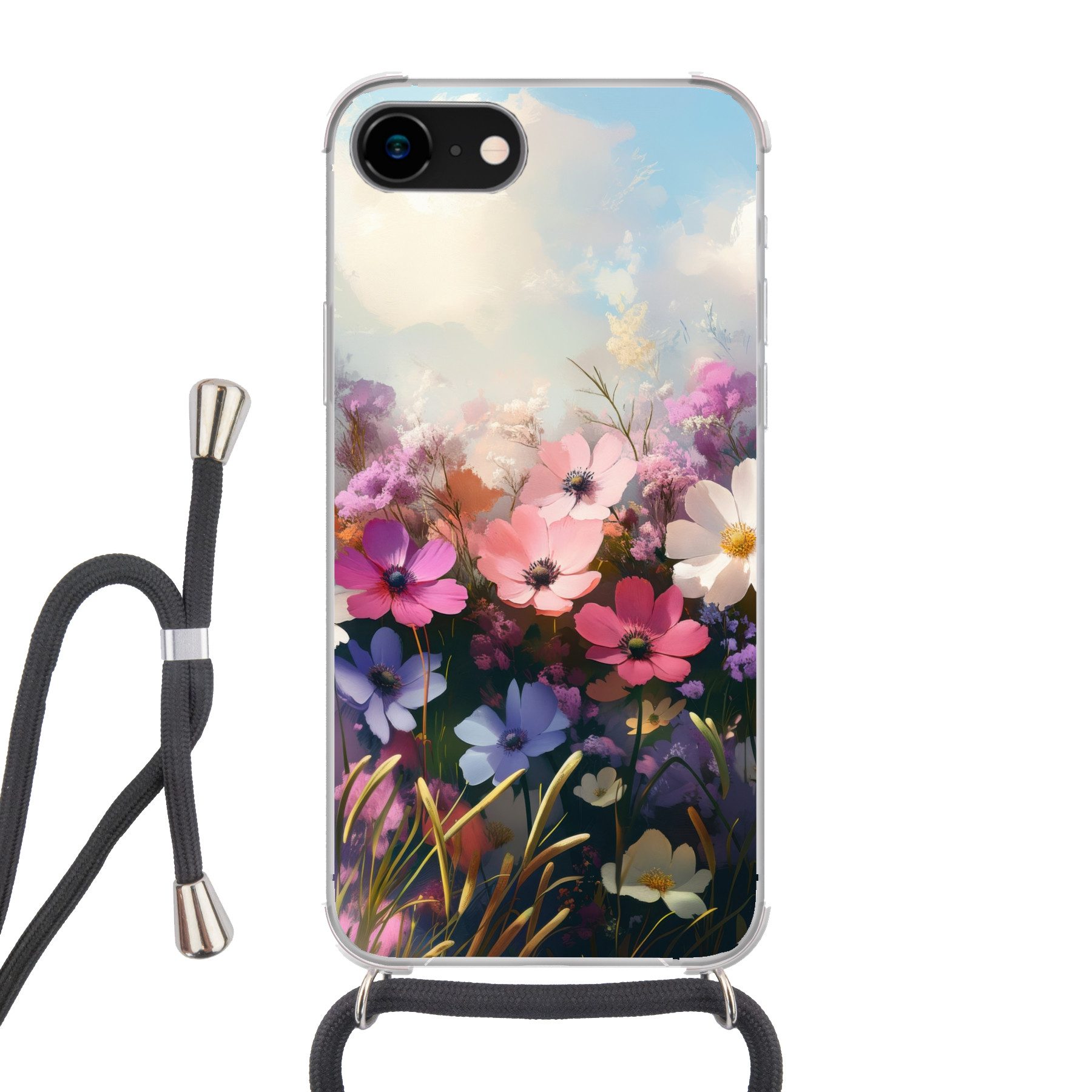 MuchoWow Handyhülle für Apple iPhone 8 Blumen - Bunt - Blühend, Tragbare Handyhüllen mit Kette zum umhängen, Handykette Handyband