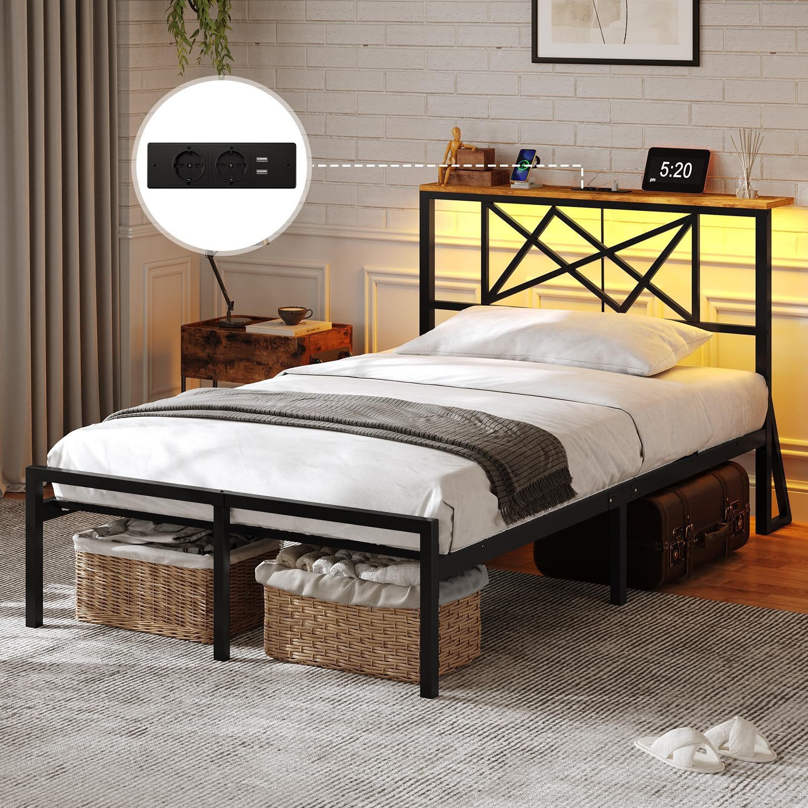 MSMASK Bettgestell mit LED Beleuchtung und Steckdose USB-Anschlüsse, Schwar günstig online kaufen