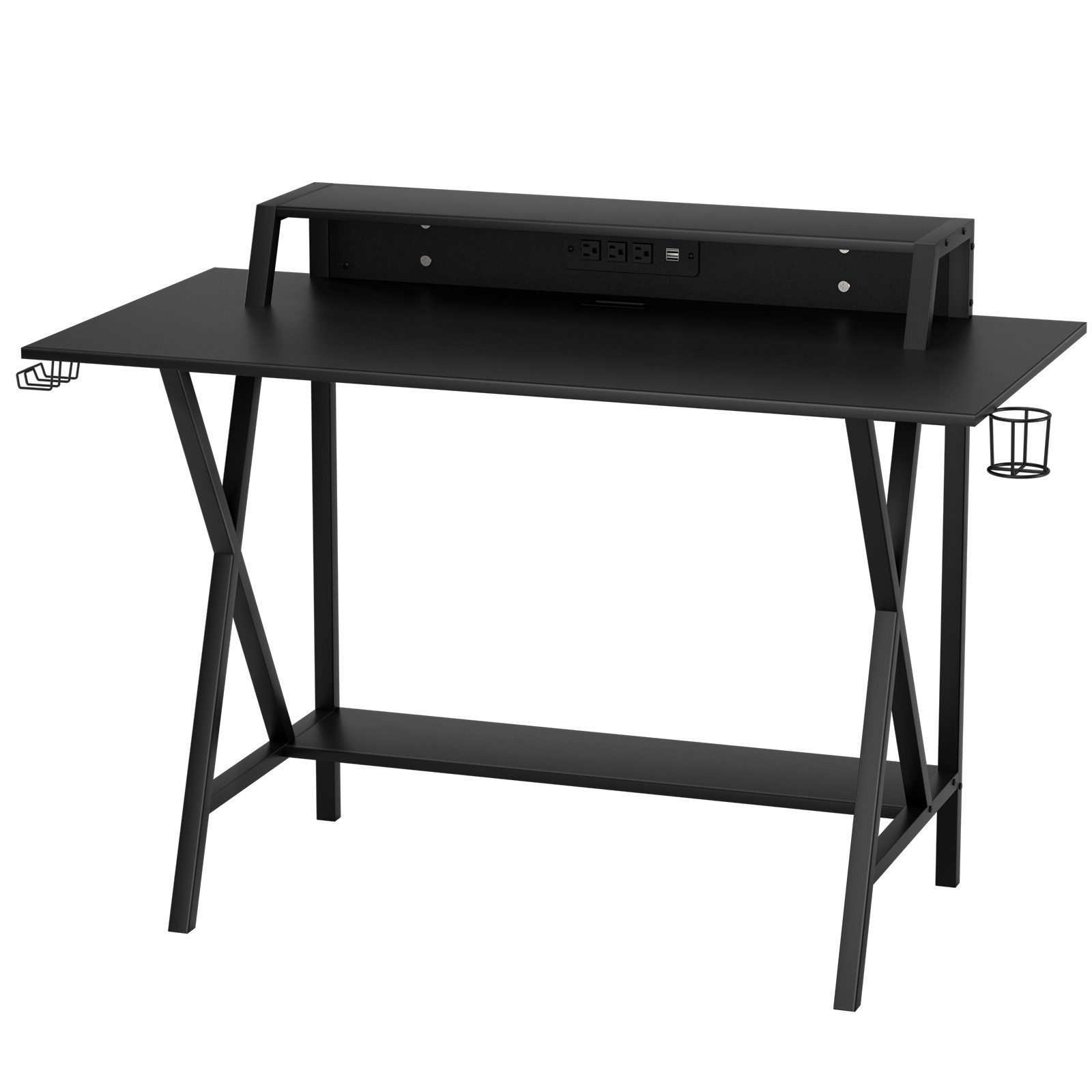 COSTWAY Gamingtisch, 122 x 60 cm, mit Monitorständer & Regal, Stahlrahmen