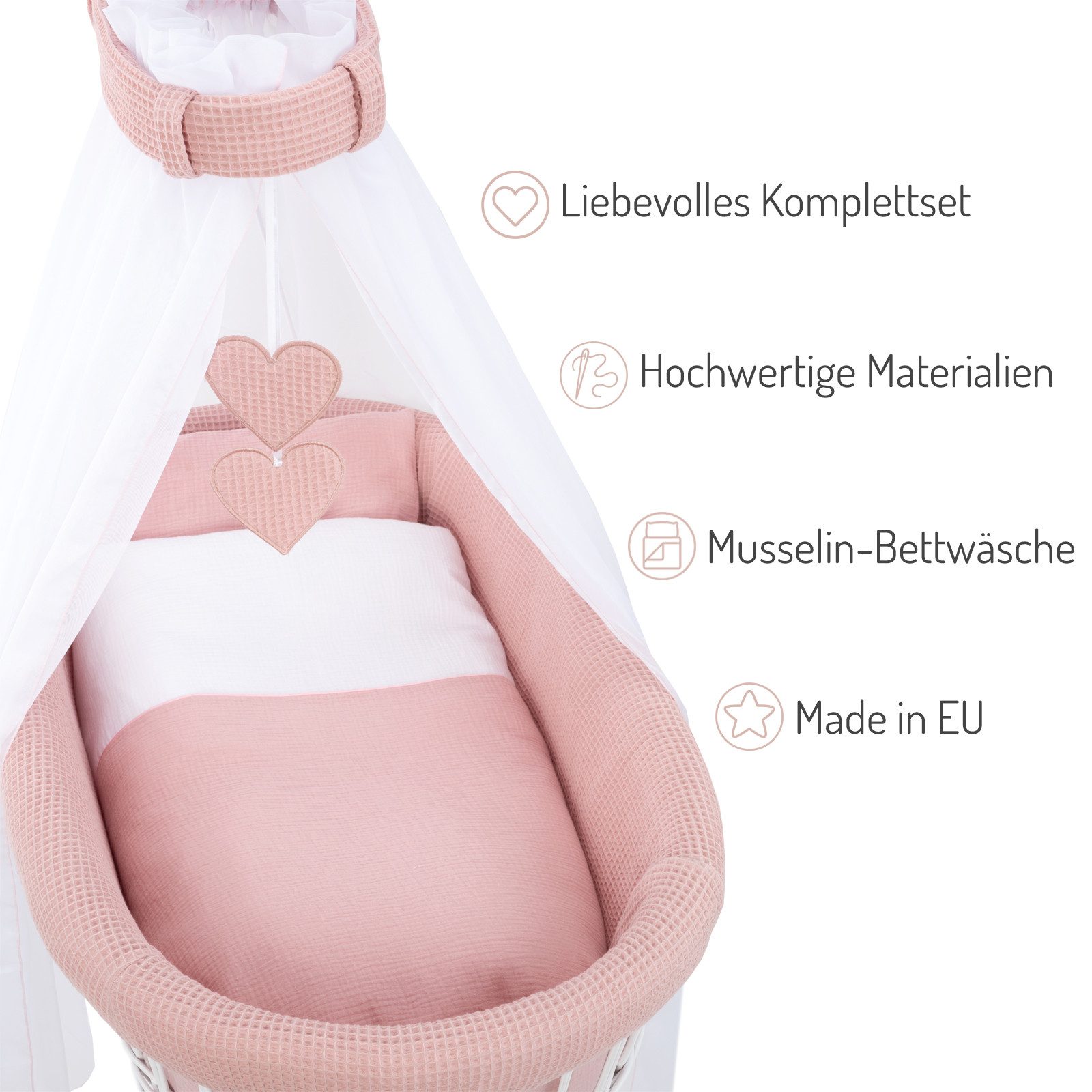 FabiMax Stubenwagen weiß lackiert, Komplettset, Komplettset, Musselin & Waffelpiqué, Inkl. Matratze & Nestchen