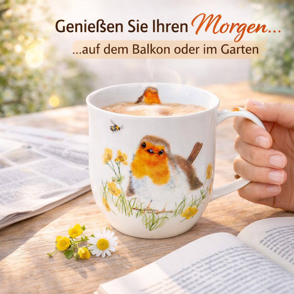 Dunoon Tasse Bone China Kaffeetasse 450 ml Cumbrae Robins Becher mit Rotkehlchen, 1-tlg., Porzellan, Spülmaschinengeeignet