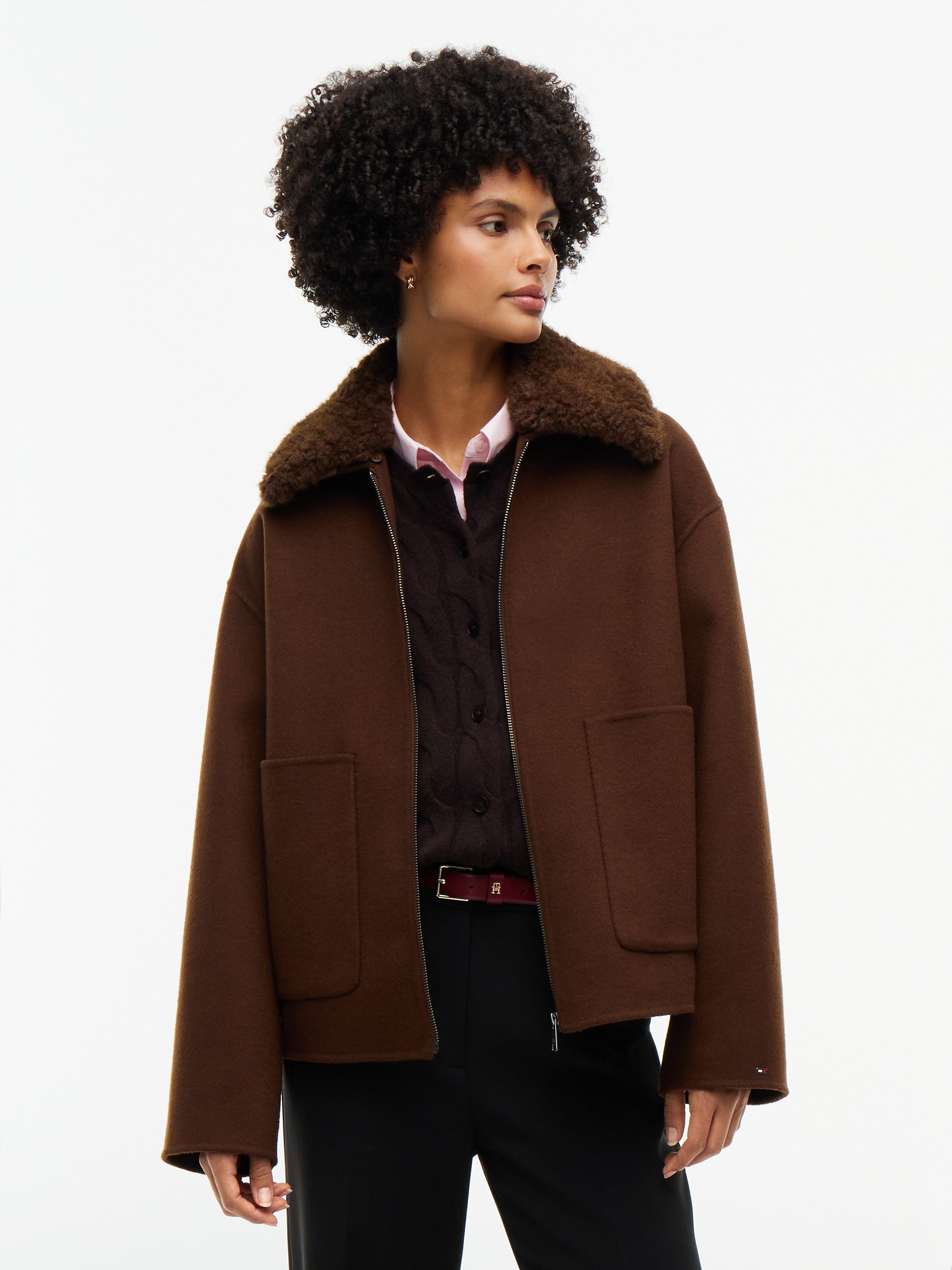 Tommy Hilfiger Kurzjacke DF WOOL ZIP THROUGH JACKET Materialmix, mit Wolle