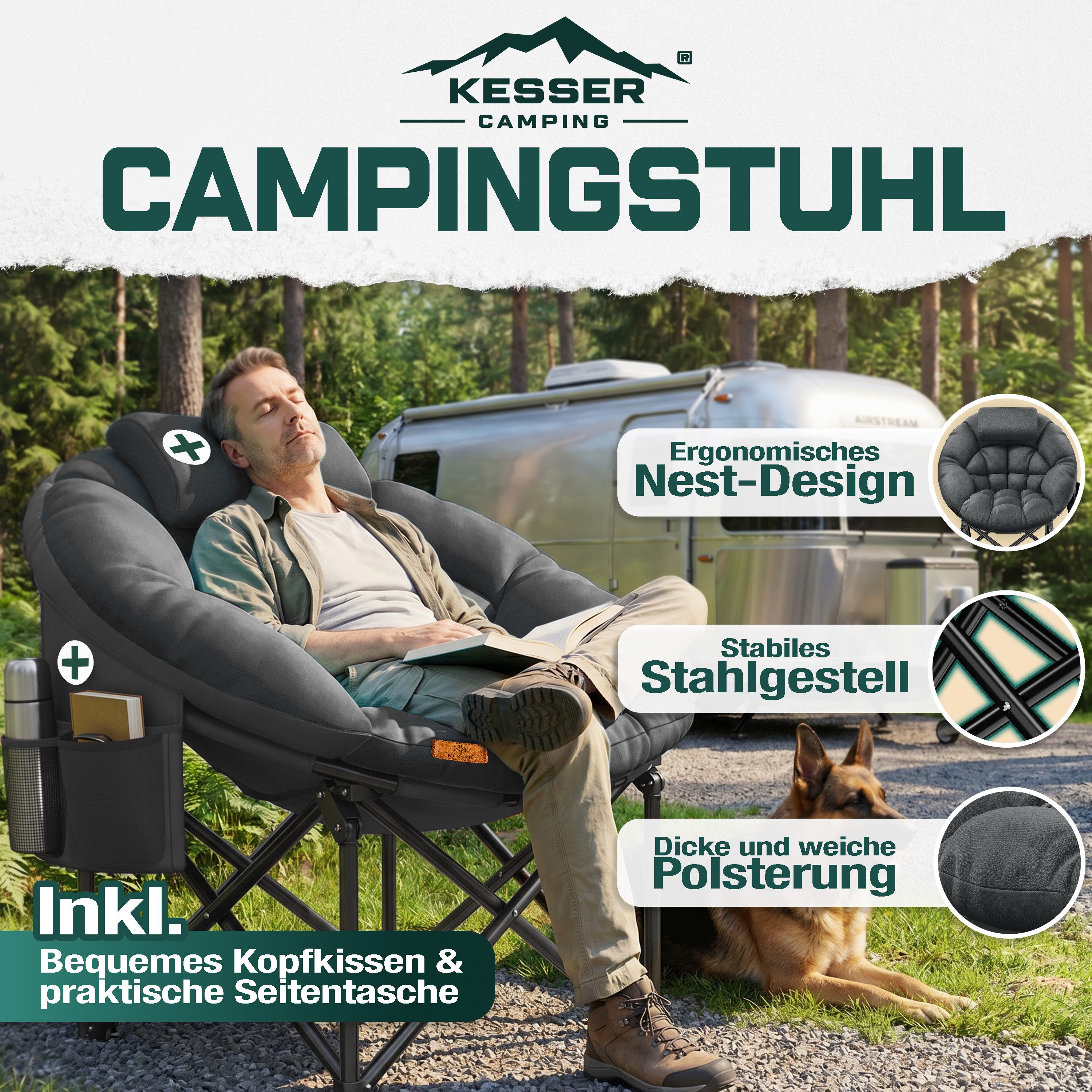 KESSER Campingstuhl Chillexer faltbar 150 kg Klappstuhl mit Kissen, Seitentasche & Cover, Relaxstuhl Outdoor + Indoor für Camping, Angeln, Festival, Strand