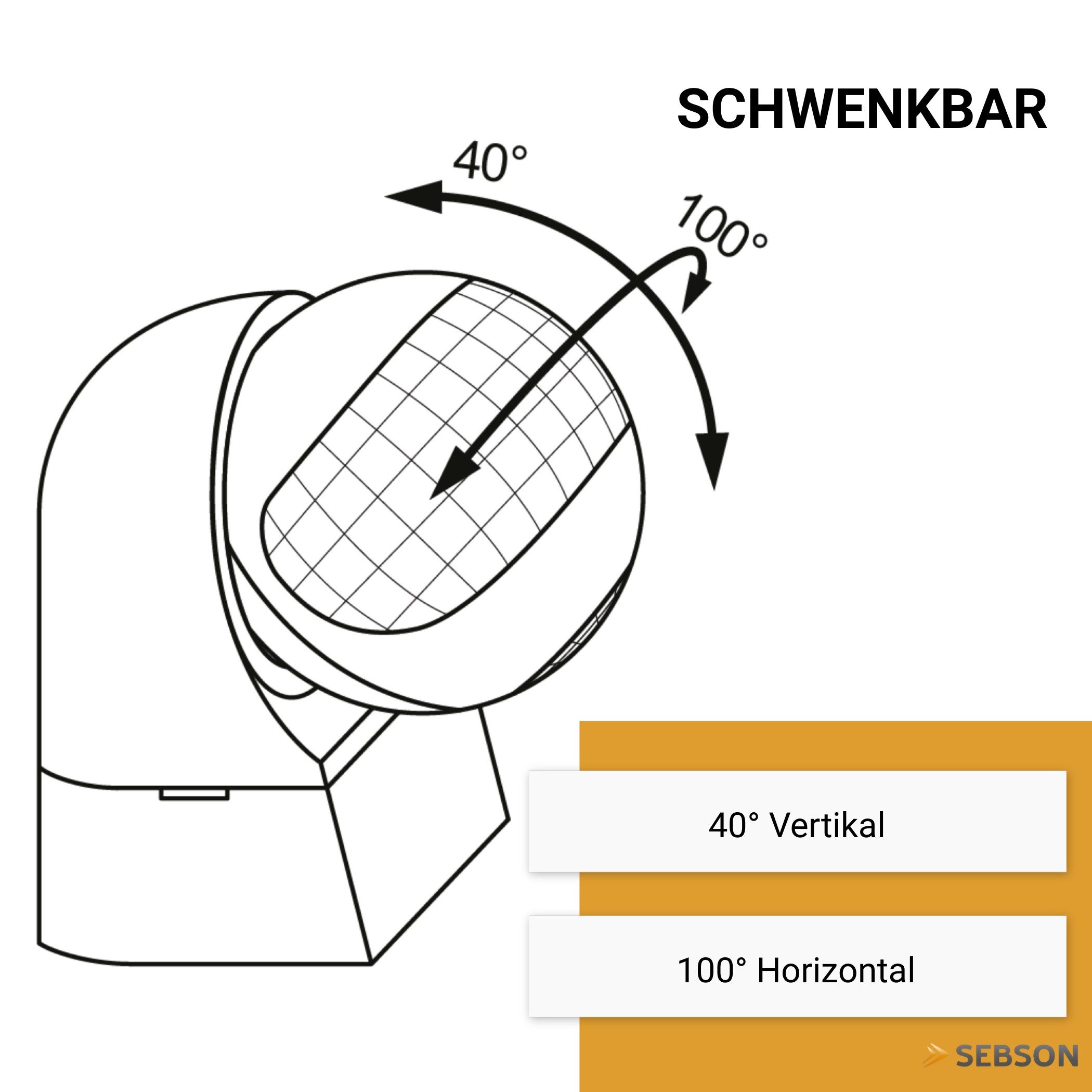 SEBSON Bewegungsmelder Infrarot Sensor Außen IP44 Aufputz Wand - Reichweite 12m 180° Winkel, (1-St), Wandmontage, schwenkbar, programmierbar, LED geeignet 600W, – Bild 5 von 5