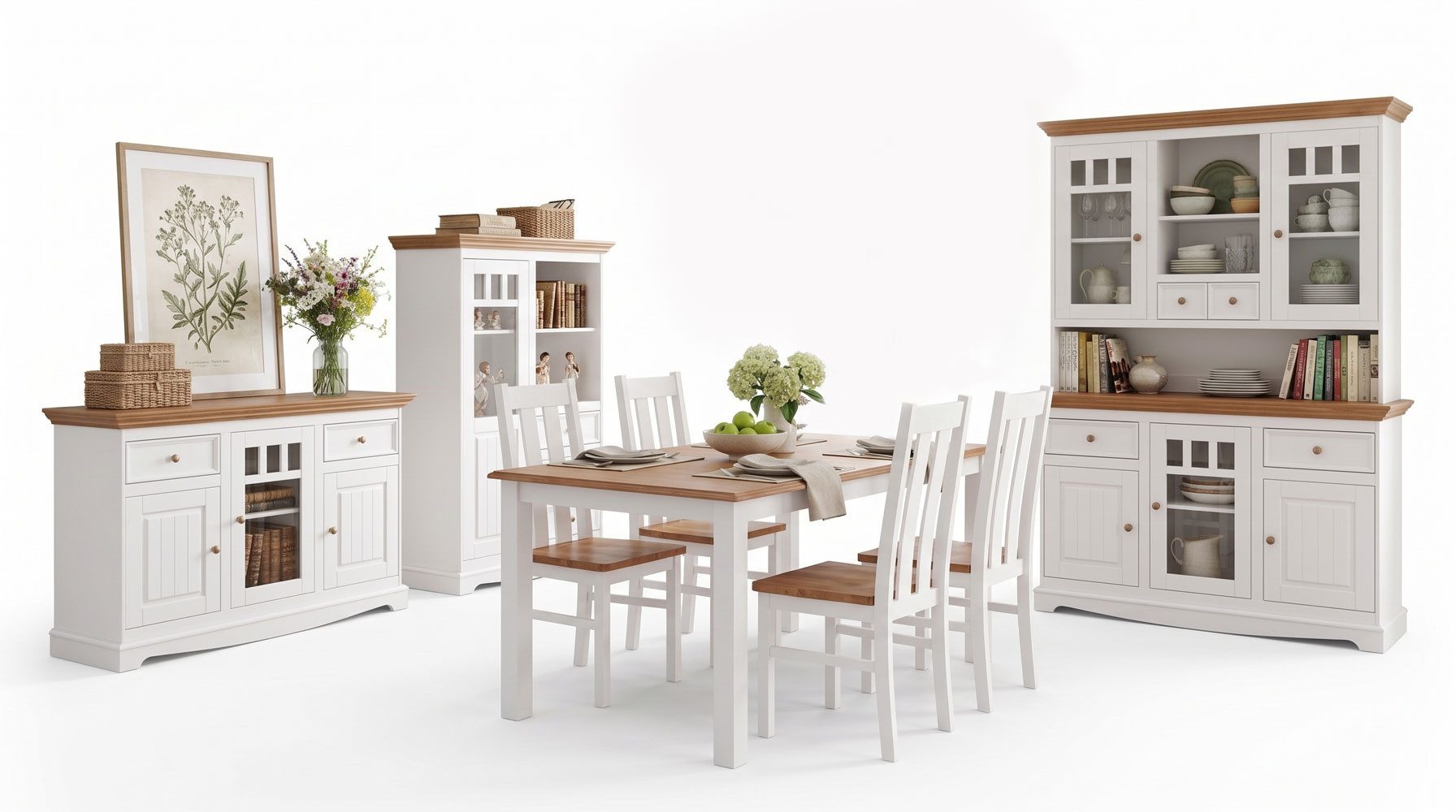 Feldmann-Wohnen Esszimmer-Set Belluno Elegante, (8-teiliges Esszimmer-Set, mit Türen, mit Schubladen, mit Glaseinsatz, 8-St., 8-teiliges Esszimmer-Set, mit Türen, mit Schubladen, mit Glaseinsatz), 8-teilig Massivholz Kiefer Weiß / Gebeizt Eiche