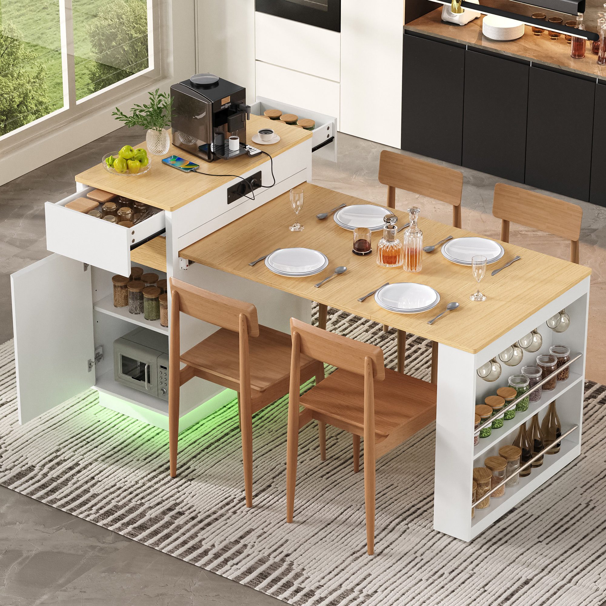 Odikalo Kücheninsel Küchenschrank Küchenbuffet mit ausziehbares Tischblatt Stauraum, (58-154×80.5×94cm(L×W×H)Kücheninsel mit LED Rollen Ausziehbarer Esstisch mit faltbarer Tischplatte Bartisch mit Steckdosenleisten und Haken, dient als Kücheninsel Sideboard oder Bartisch)