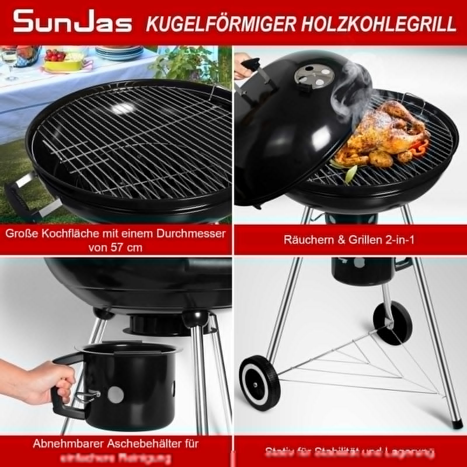 SunJas Holzkohlegrill CA-208 Kugelgrill Campinggrill mit Deckel Rollen und Auffangschale, Ø 57cm Geeignet für 6–9 Personen, BBQ Grill Standgrill Grillwagen Rundgrill kohlegrill