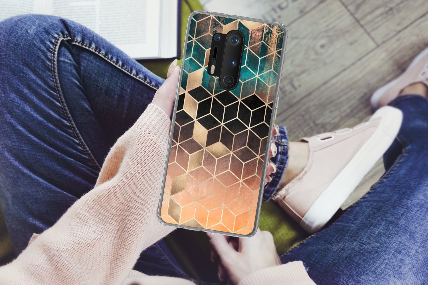 MuchoWow Handyhülle für OnePlus 8 Pro Abstrakt - Würfel - Gold - Muster - Luxus, Phone Case, Silikon, Schutzhülle Dünn