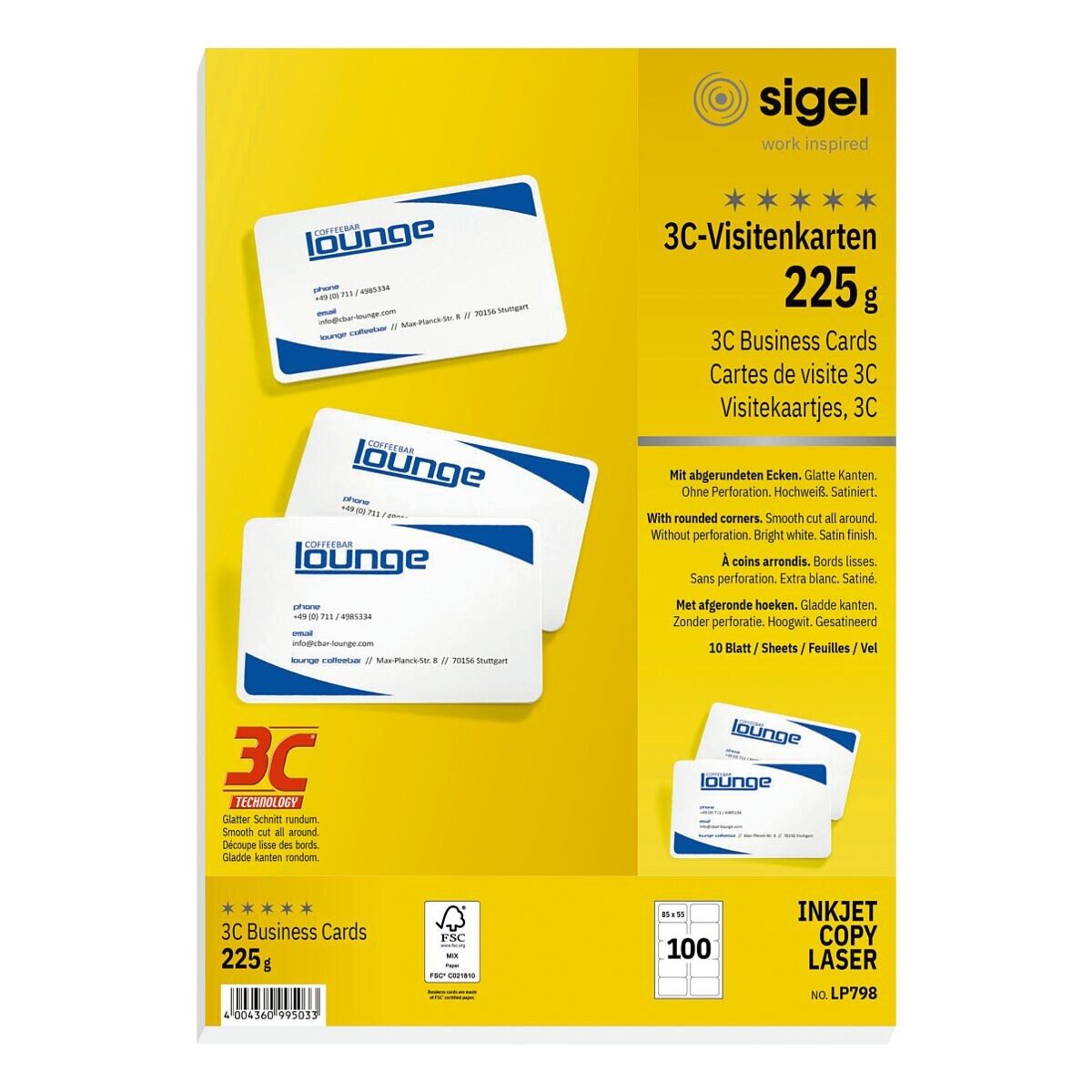 Sigel Visitenkarten LP798, hochweiß, ohne Perforation, mit abgerundeten Ecken, 225 g/m²