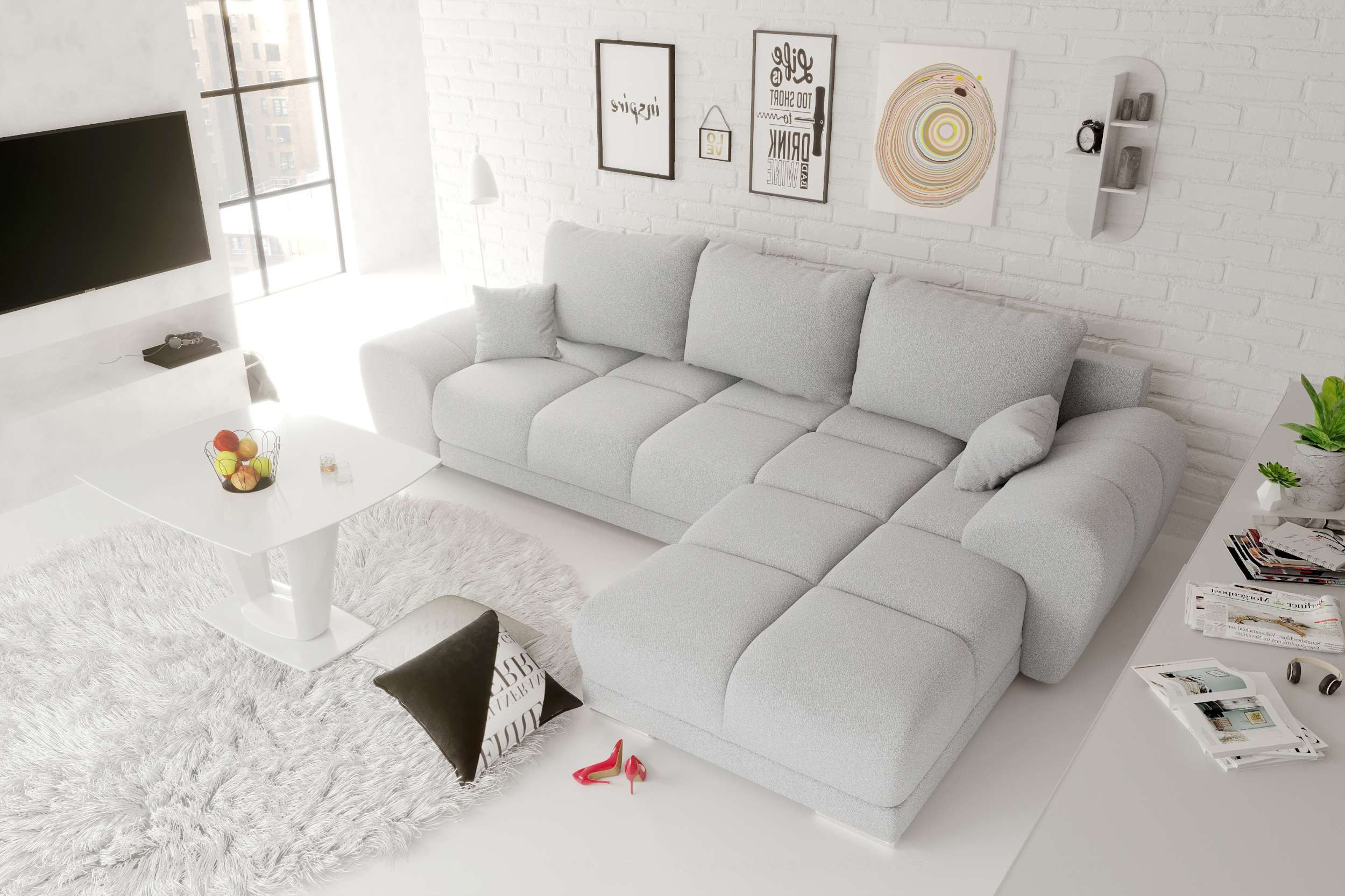 99rooms Ecksofa Antalya, Sofa L-Form, Eckcouch, mit Rückenkissen, Schlaffunktion, Strukturstoff NEVE