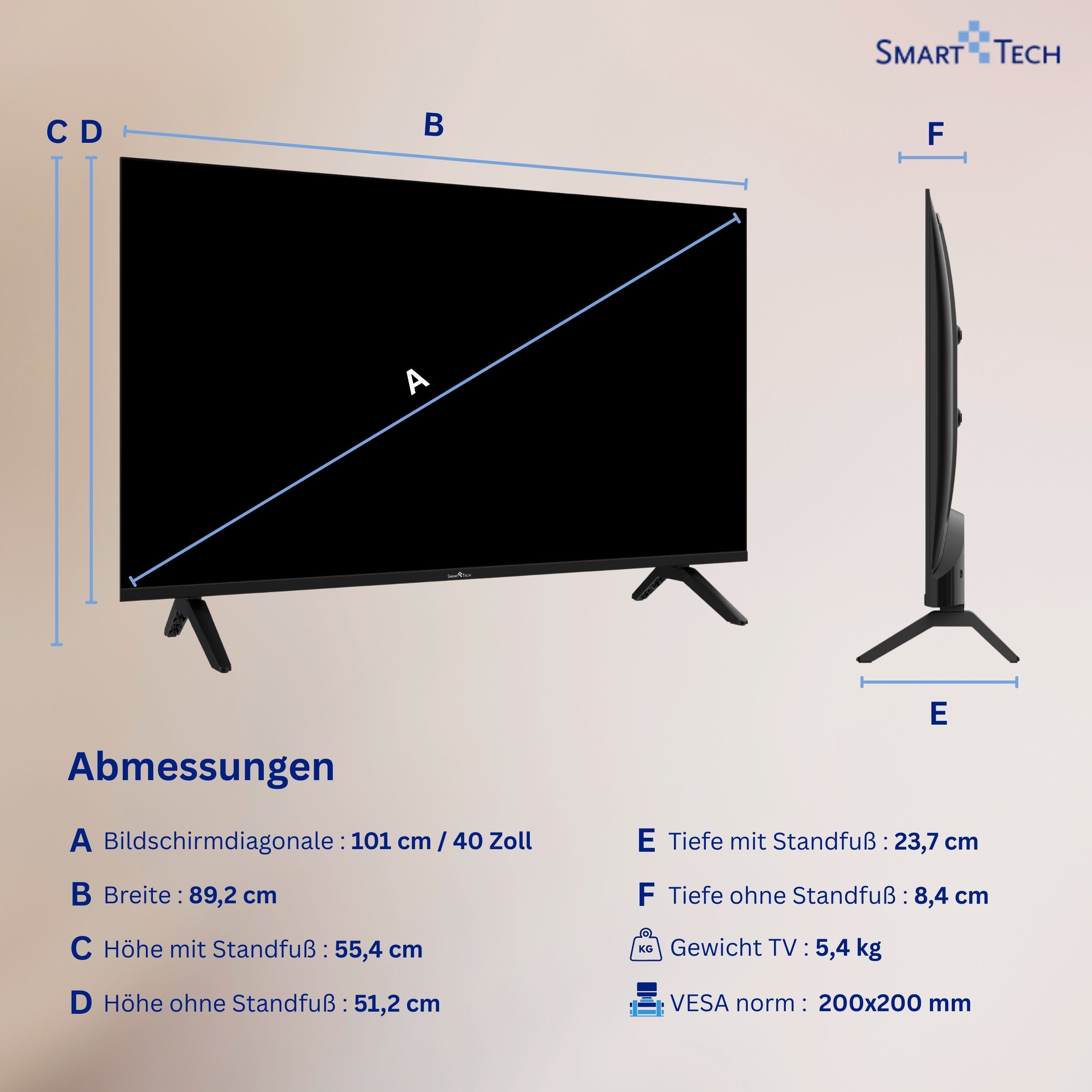 Smart Tech 40FH01K LED-Fernseher (101 cm/40 Zoll, Full HD, Whale TV, Whale Smart TV, HDR, Bluetooth, Triple-Tuner)