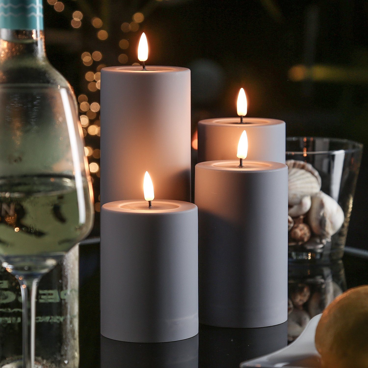 Deluxe Homeart LED-Kerze MIA Deluxe für Außen 3D Flamme flackernd H: 10cm D: 7,5cm outdoor grau, LED Classic, warmweiß (2100K bis 3000K)