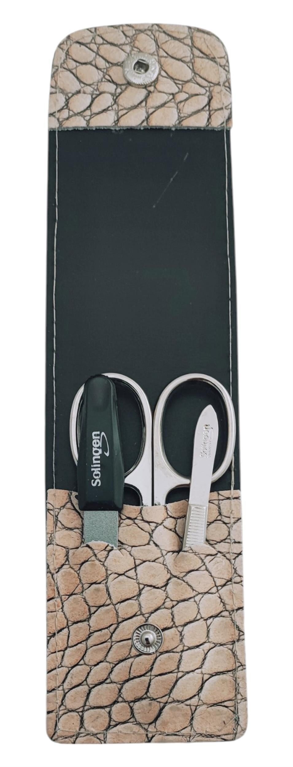 EloModa Solingen Maniküre Set 3-teilig – Nagelschere, Pinzette & Saphirfeile, 3 tlg., Nagelpflege Set, Tier Muster Echtleder Etui, Made in Germany