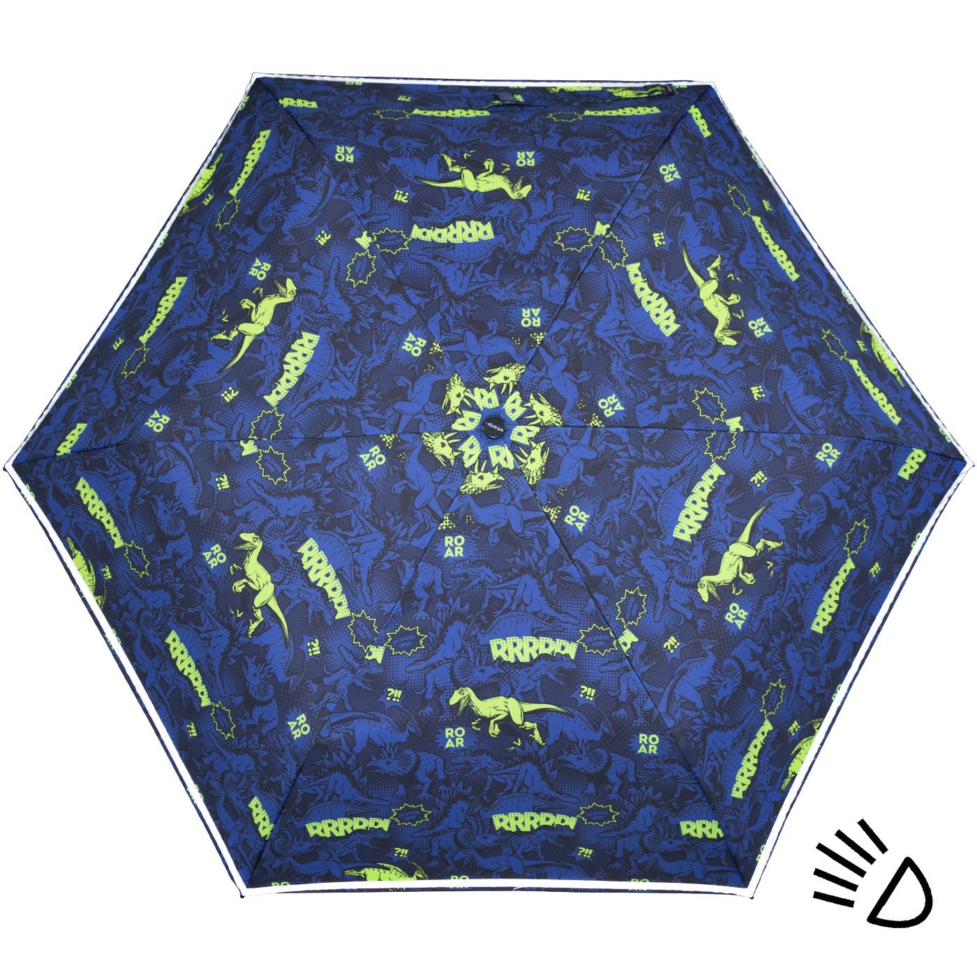 auf reflective Taschenregenschirm mit Reflexborte, dem Dinos Schulweg, Kinderschirm Knirps® neonfarbene 4Kids Sicherheit