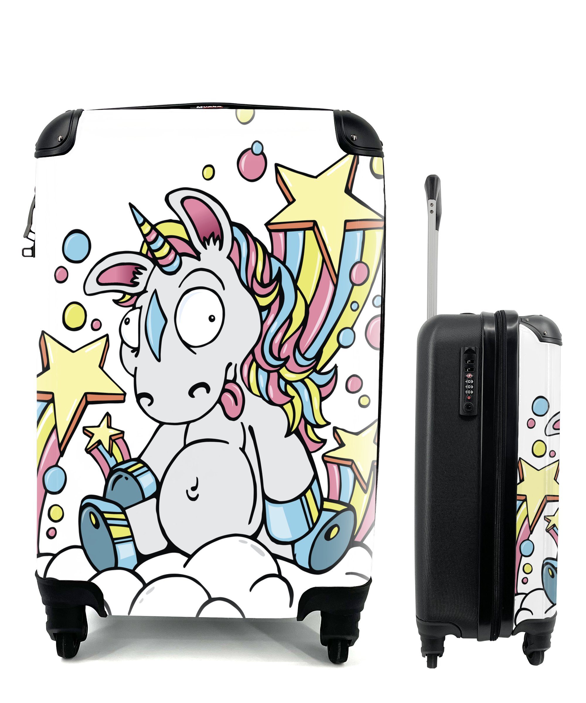 MuchoWow Handgepäckkoffer Eine Illustration eines weißen Einhorns auf einer Wolke - Mädchen -, 4 Rollen, Reisetasche mit rollen, Handgepäck für Ferien, Trolley, Reisekoffer