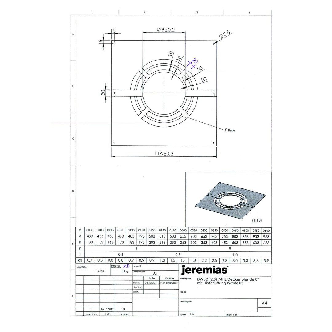 Jeremias Schornstein DW-ECO 2.0 Ø 180 mm - Deckenblende für Hinterlüftung zweiteilig 0°, Ø 180 mm