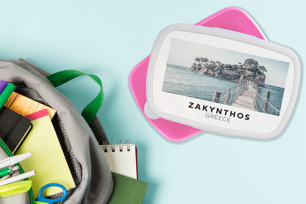 MuchoWow Lunchbox Zakynthos - Griechenland rosa Kinder, Snackbox, (2-tlg), - Meer, Kunststoff Brotdose für Brotbox Erwachsene, Mädchen, Kunststoff