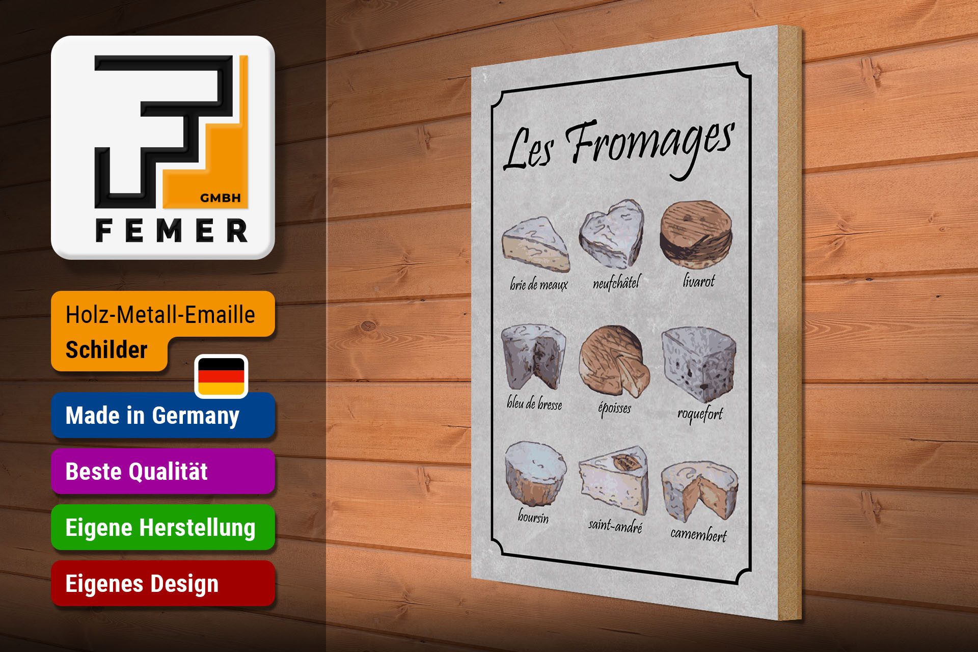 Femer GmbH Holzbild Essen 30x40 cm 9 französische Käsesorten Les Fromages, (1 St), Glatte Holzfaserplatte (MDF), vorn beschichtet