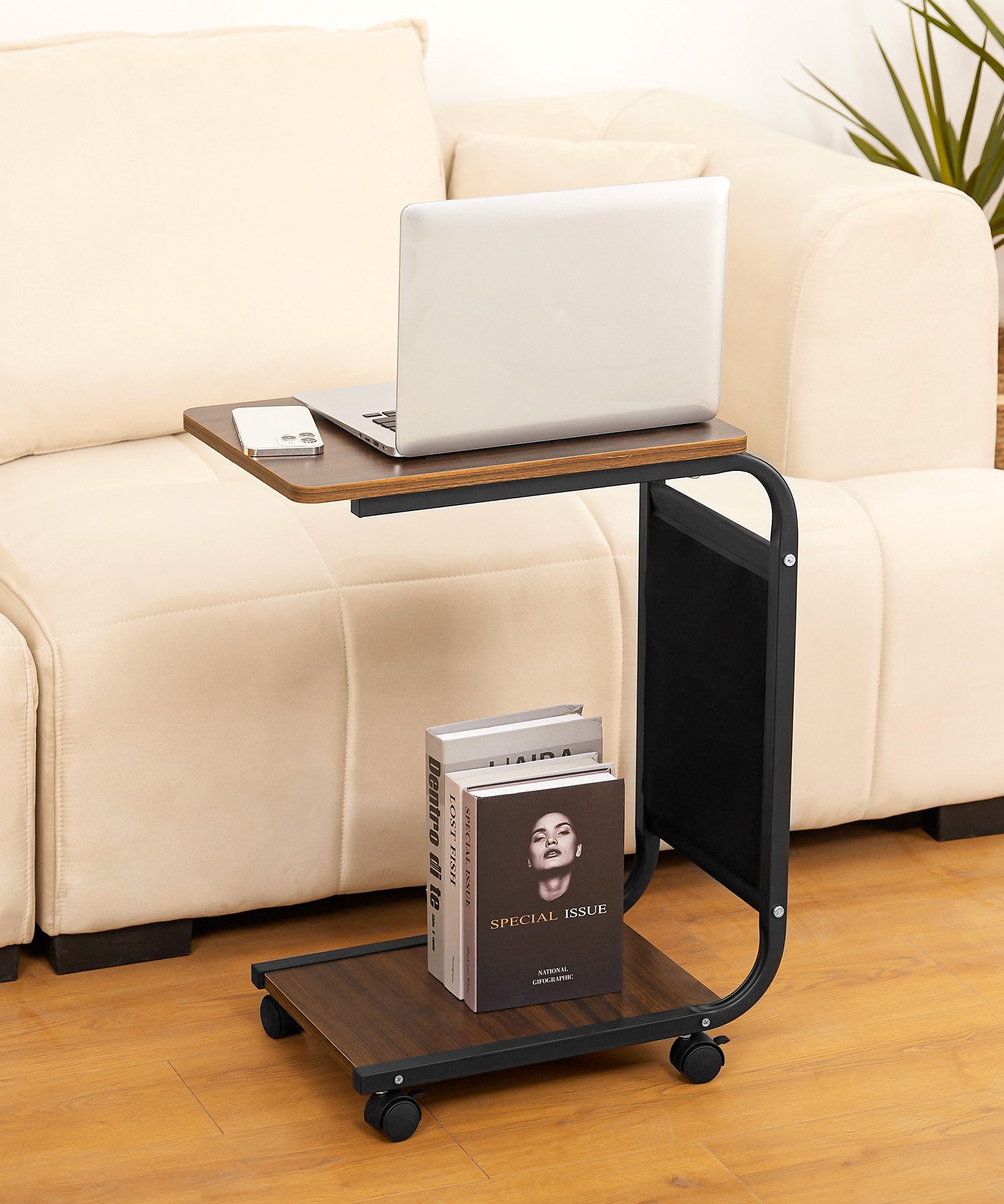 Yorbay Beistelltisch C-Form Couchtisch, Sofatisch 45×30×65 cm Kaffeetisch (1-St), mit Rollen & höhenverstellbaren Füßen - Wohnzimmer, Büro, Balkon