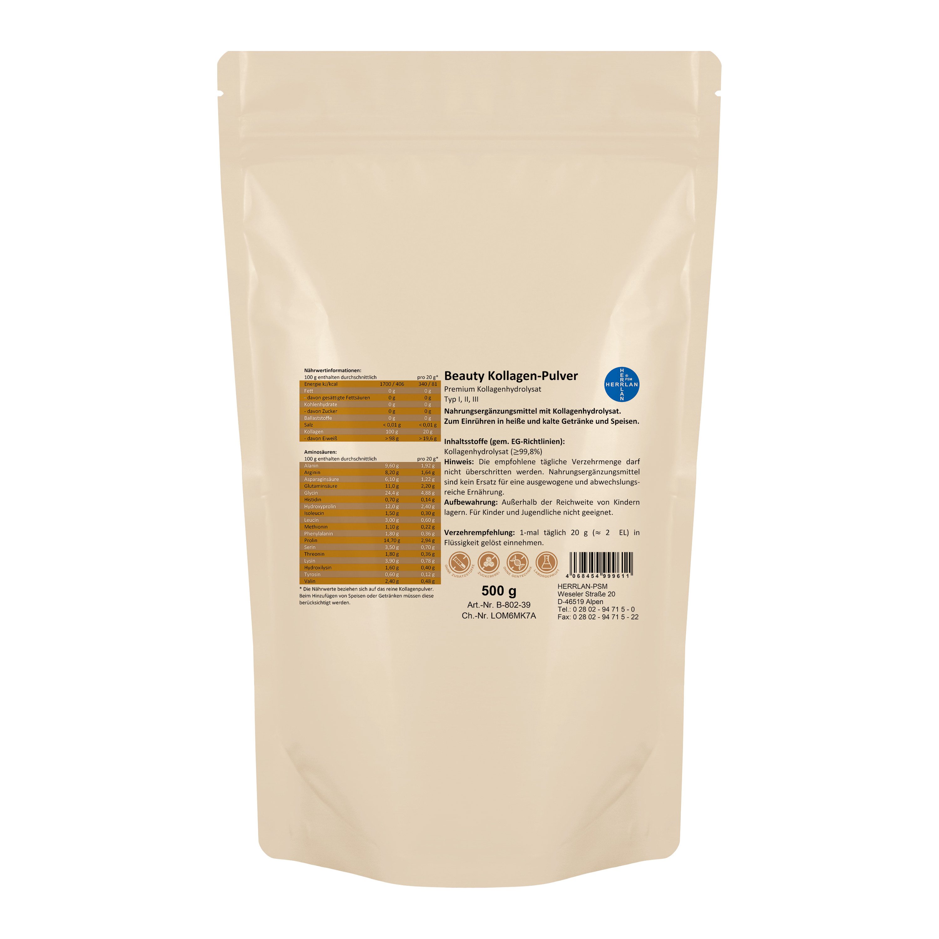 HERRLAN Beauty Collagen Pulver Pulver, hochdosiertes Kollagen Hydrolysat Typ 1, 2, 3 à 500 g