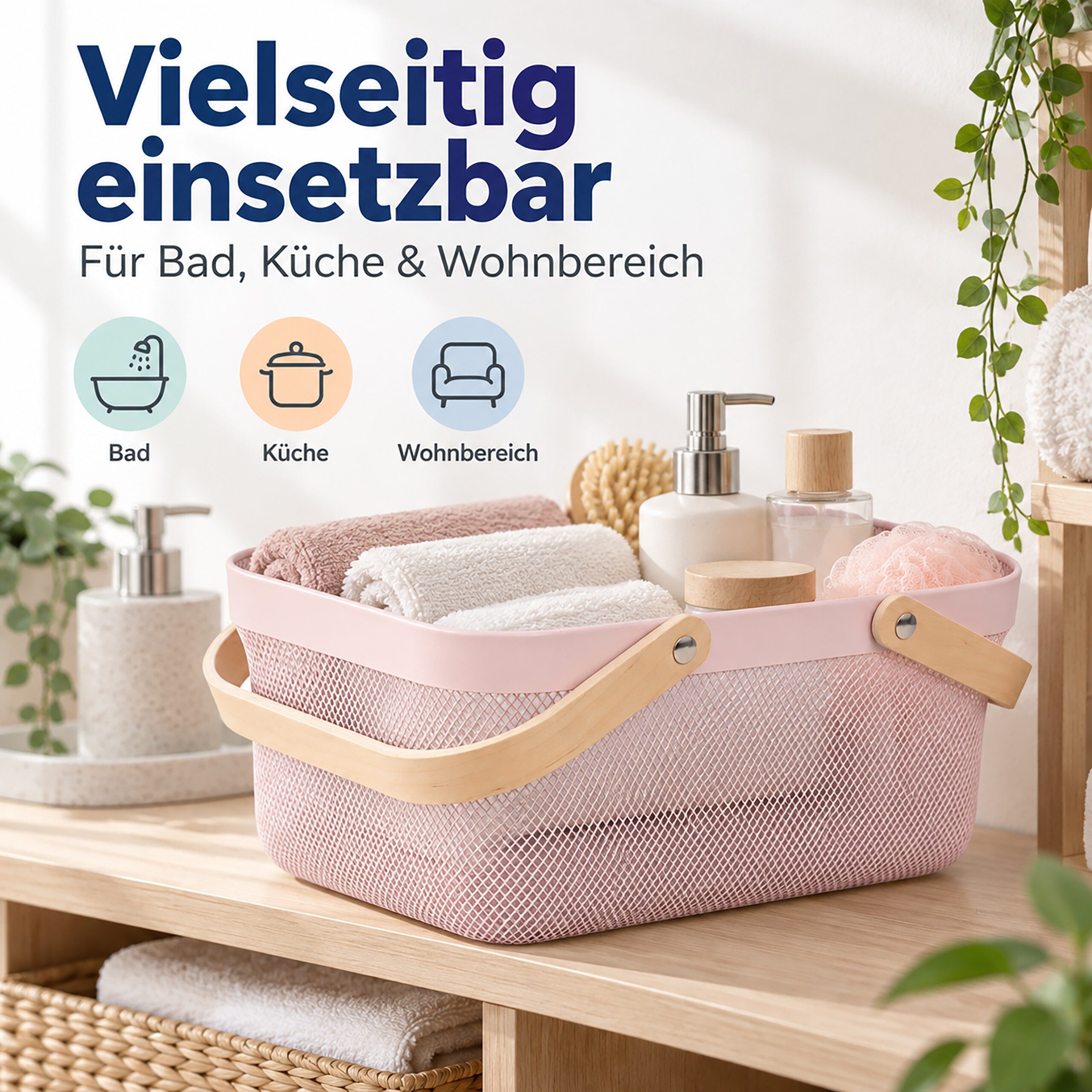 relaxdays Aufbewahrungskorb Eckiger Drahtkorb mit Henkeln (1 St), Rosa – Bild 2 von 5