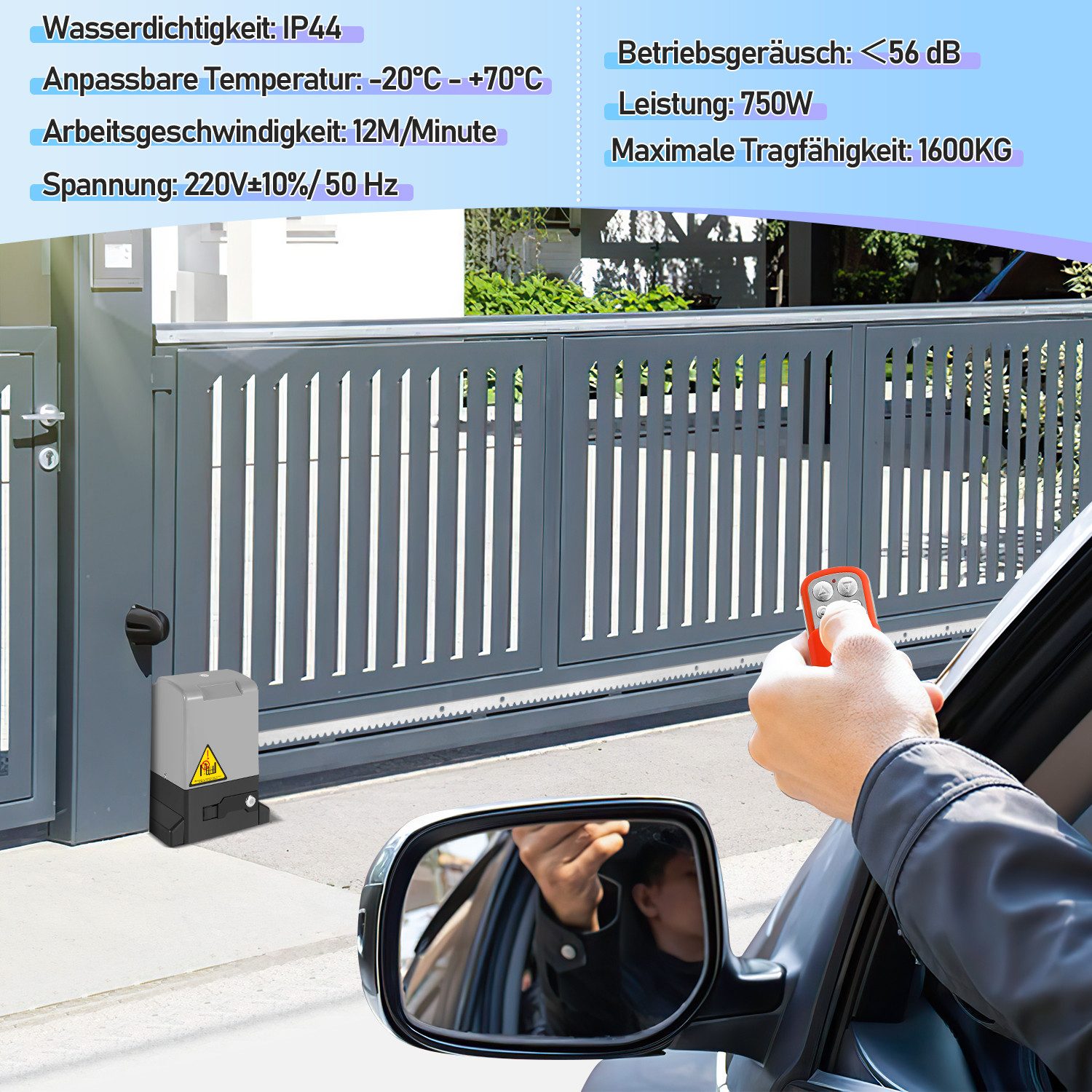 Clanmacy Schiebetorantrieb 750W Torantrieb Toröffner Motor 1600kg Schiebetor Antrieb Komplett-Set, mit Gleitschiene, (IP44 wasserdicht, mit 2 orangen Schlüssel und 1 Fernbedienung), Betriebene Türen Eisenwaren