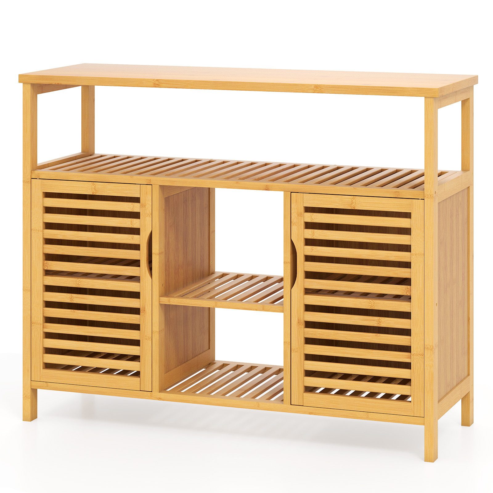 COSTWAY Badkommode, Badezimmerschrank Bambus mit Lamellentüren, 100x35x80cm