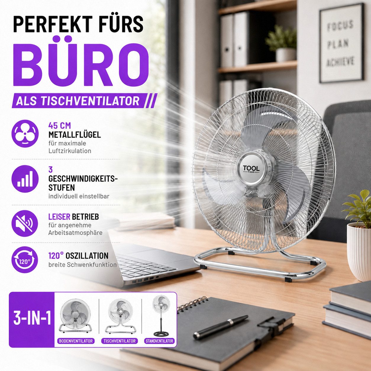 Ertex Standventilator Standventilator Luftkühler 50W Leise 45 cm Ventilator 3 in 1