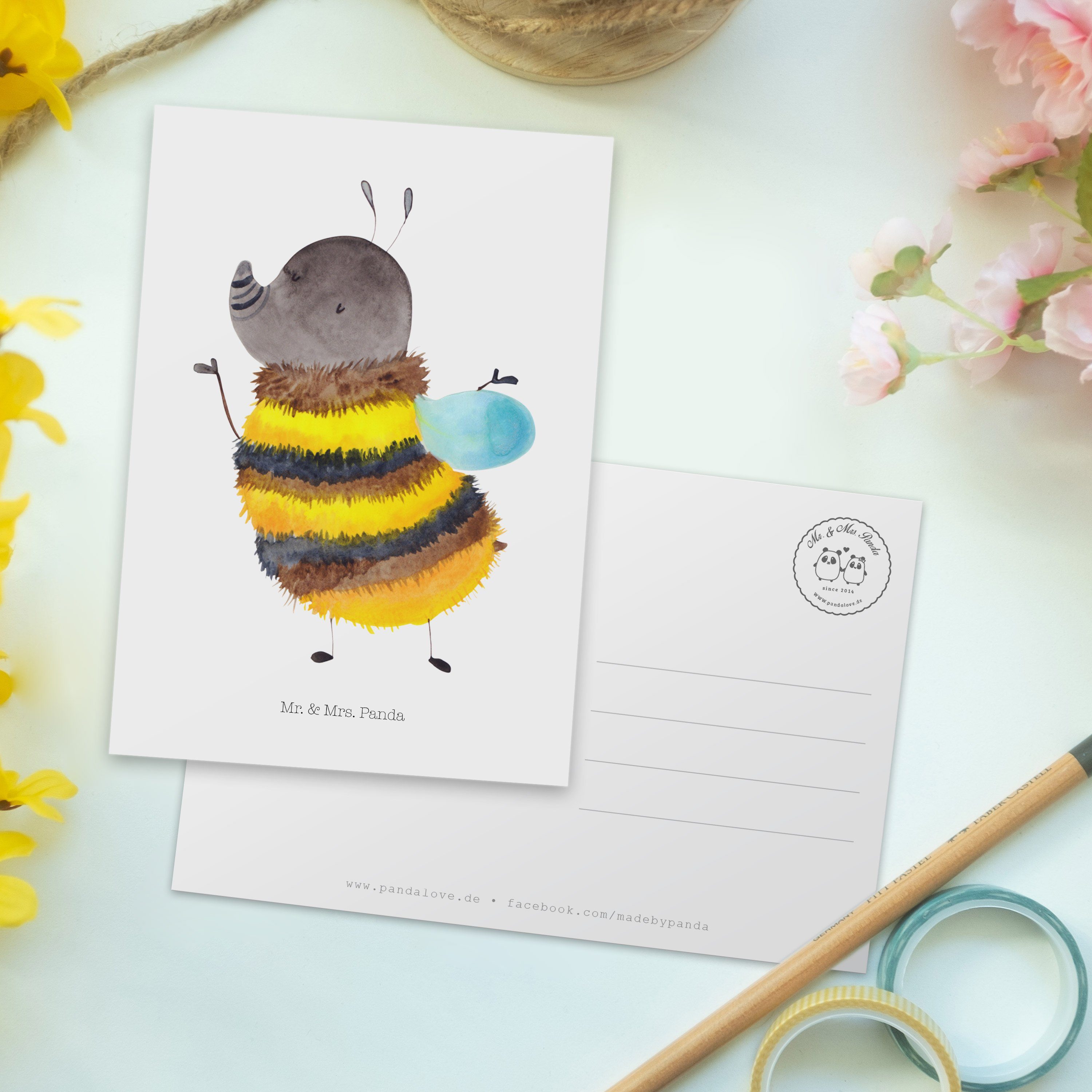 Geschenk, Mrs. Hummel Weiß Biene flauschig Postkarte & Panda - - Einladungskarte, Mr. Einladung,
