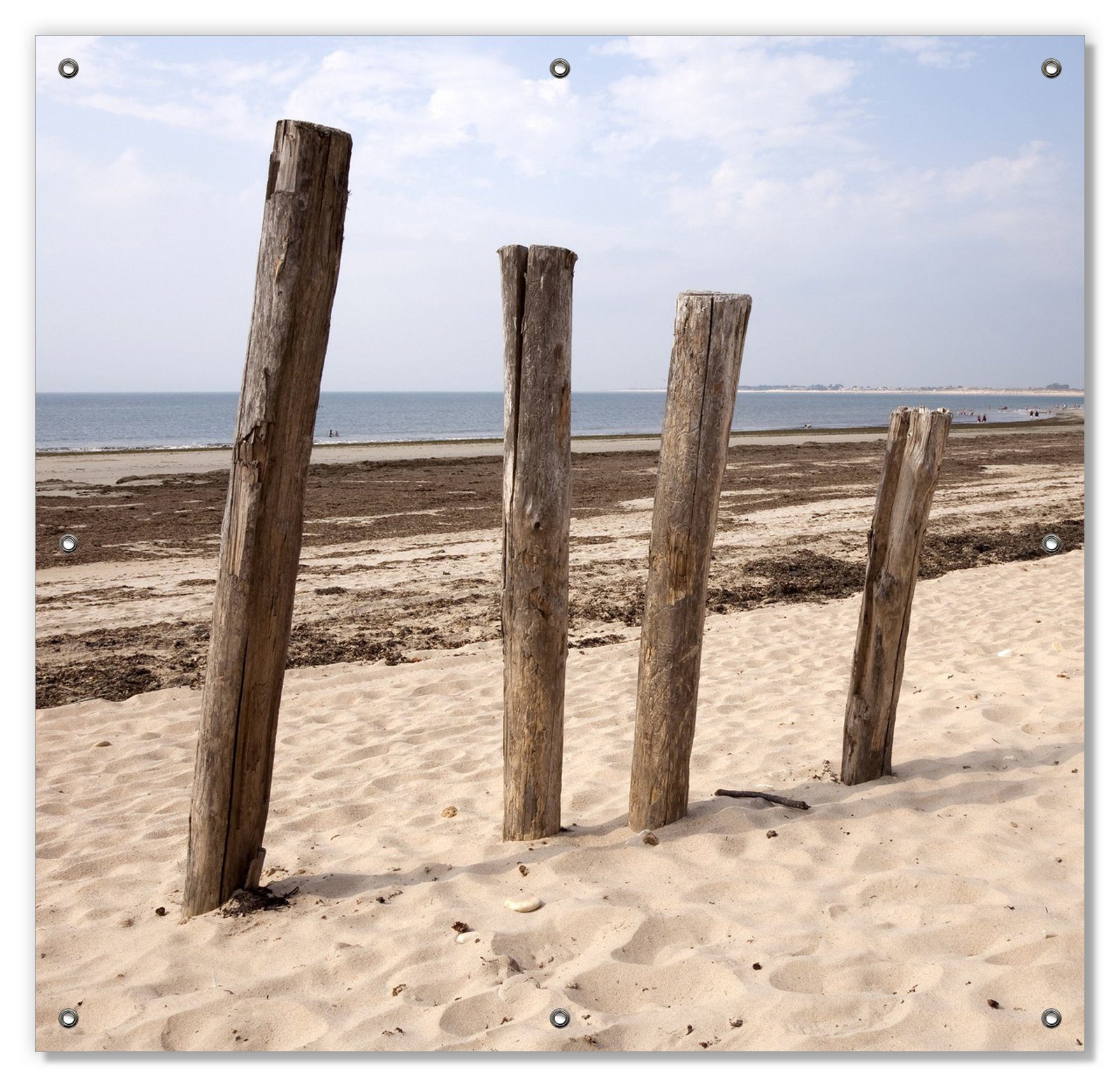 Sonnenschutz Sandstrand mit Holzpfählen am Atlantischen Ozean, Wallario, blickdicht, mit Saugnäpfen, wiederablösbar und wiederverwendbar
