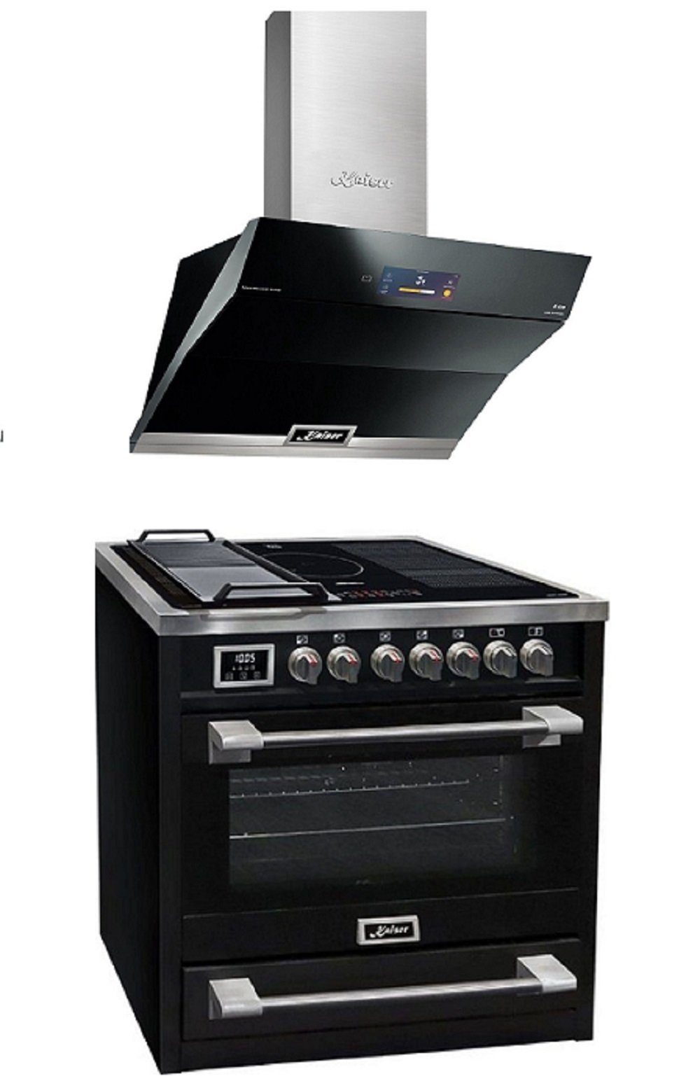 Kaiser Küchengeräte Induktions-Standherd Elektro Standherd mit Induktionskochfeld 90 cm +Dunstabzugshaube 90 cm HC 93691 IS+AT 9343., mit 1-fach-Teleskopauszug