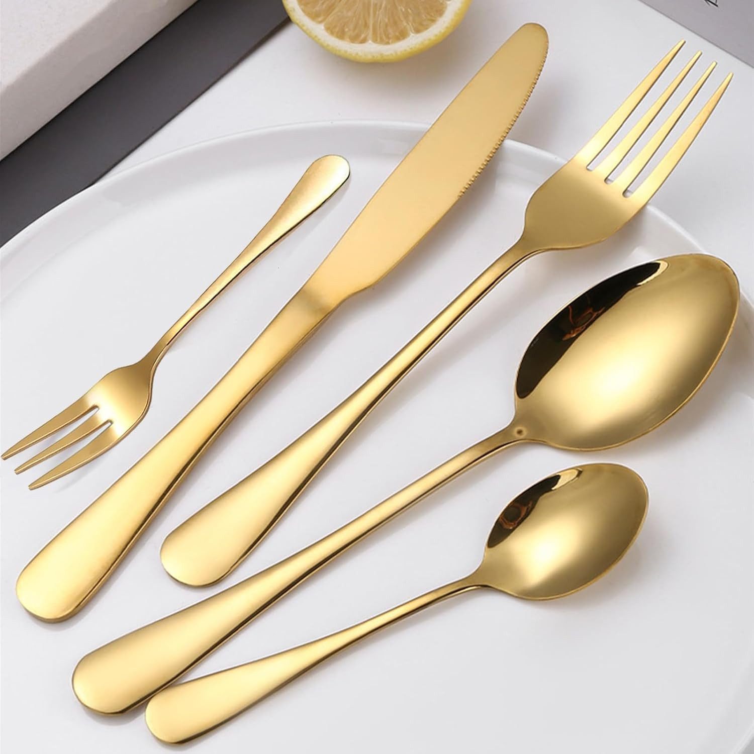 UniqueFire Besteck-Set 60teilig Essbesteck Gold glänzend mit Messer Gabel Löffel (60-tlg), 12 Personen, Edelstahl – Bild 4 von 5