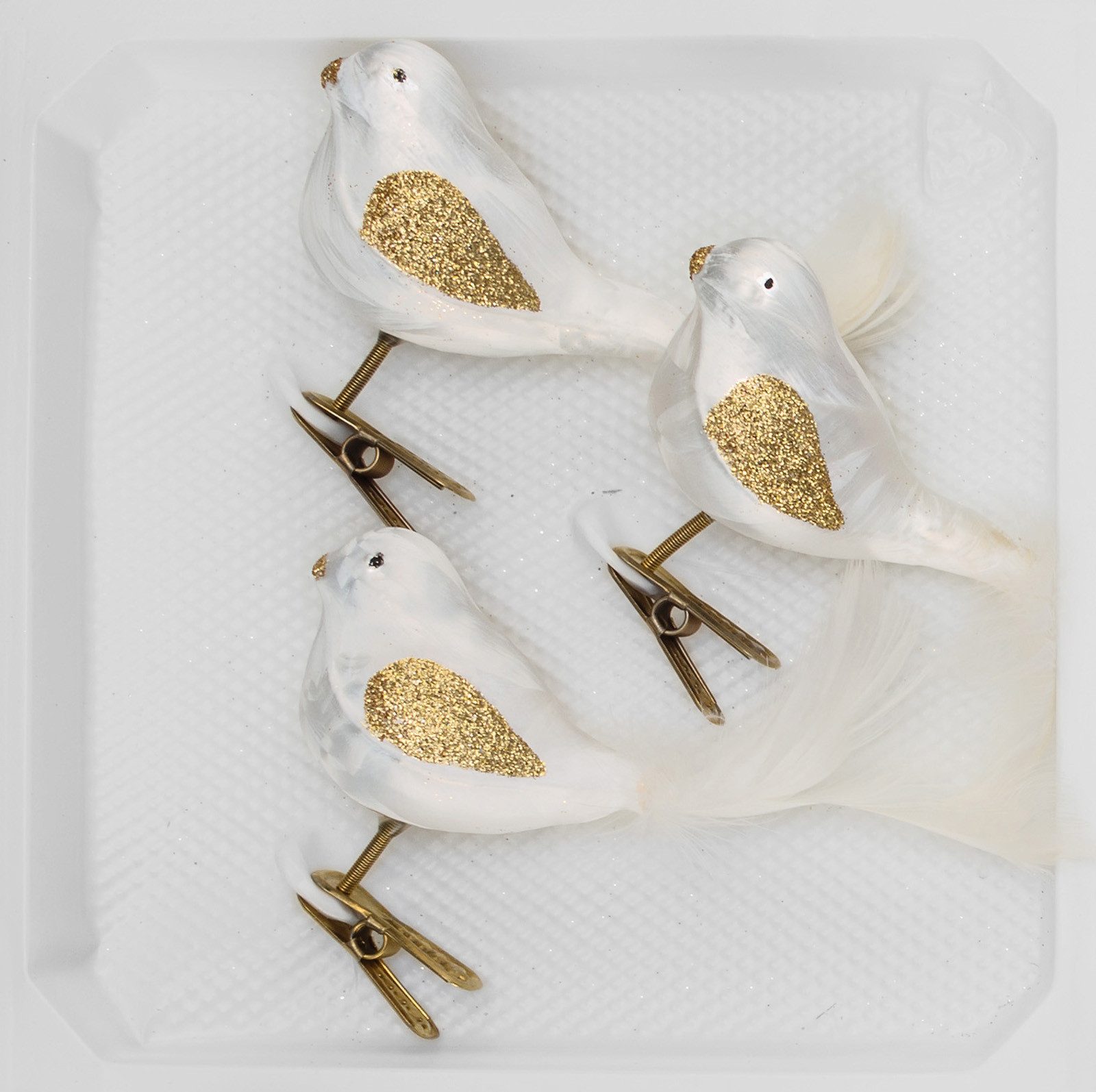 Navidacio Christbaumschmuck 3 tlg. Glas Vogel Set in "Ice Weiss Gold"