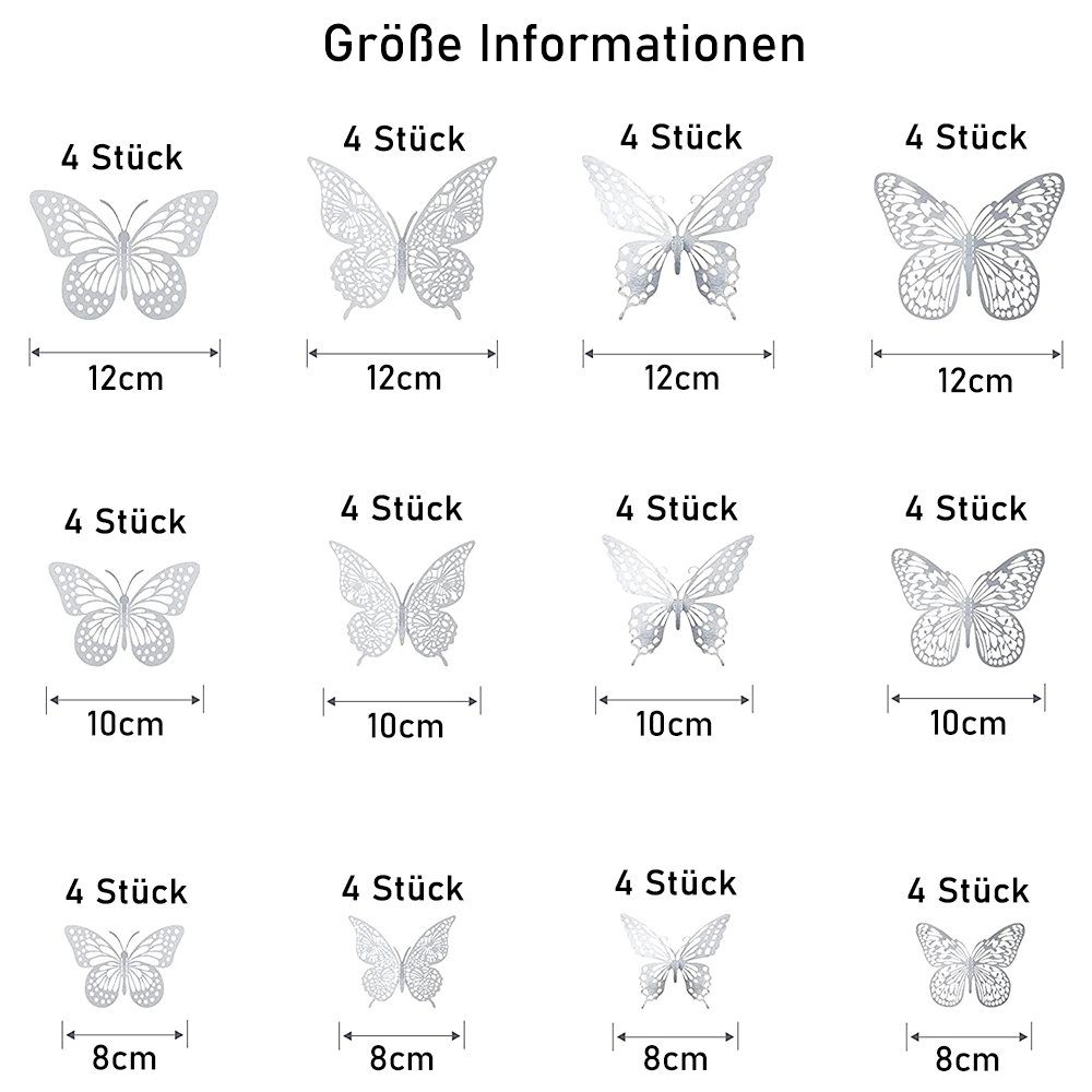 3D-Wandtattoo 48 Arten NUODWELL 3D Stück Silber 3 Deko Wandaufkleber,4 Größe Aufkleber Schmetterling