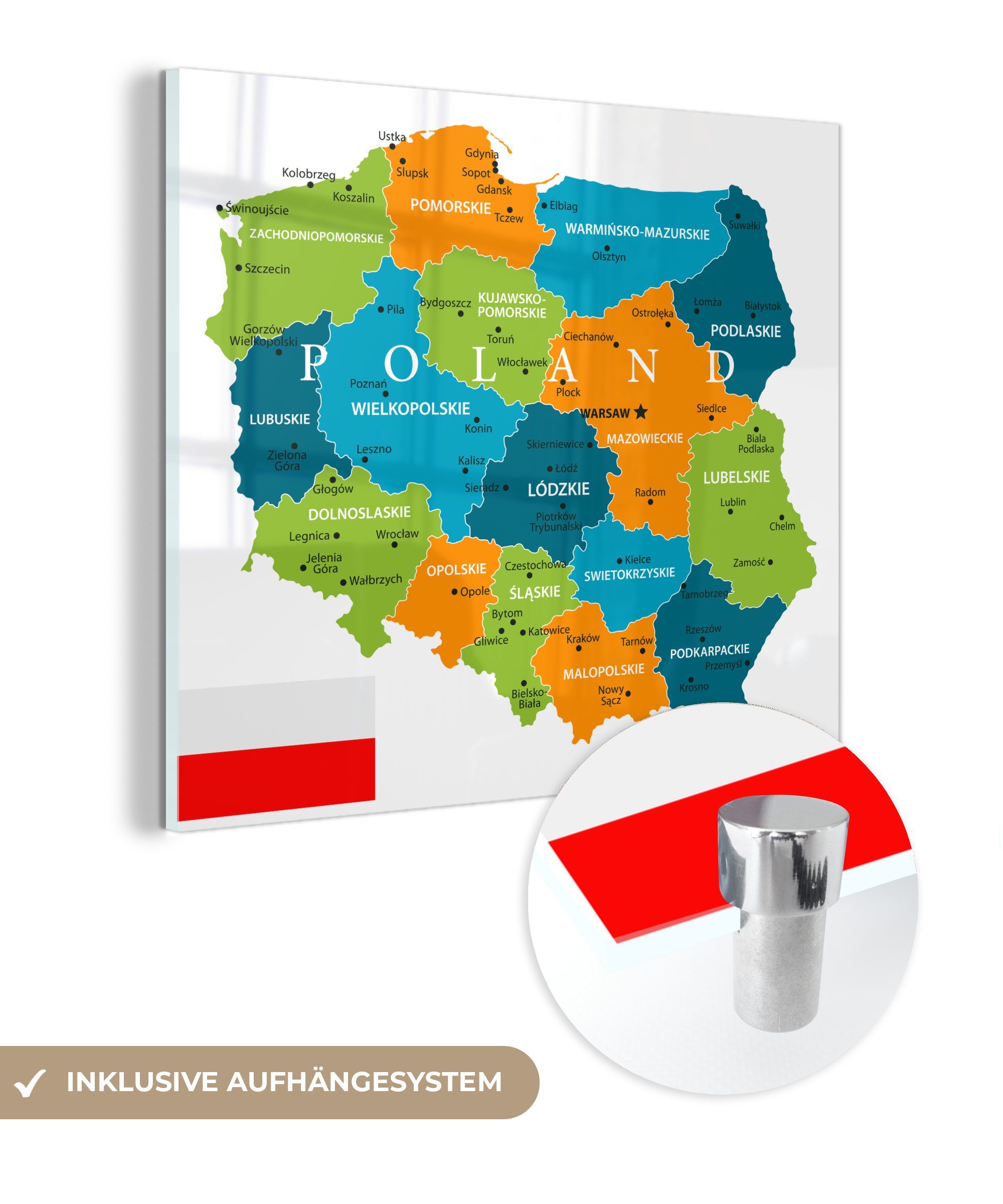 MuchoWow Acrylglasbild Karte von Polen in leuchtenden Farben, (1 St), Glasbilder - Bilder auf Glas Wandbild - Foto auf Glas - Wanddekoration