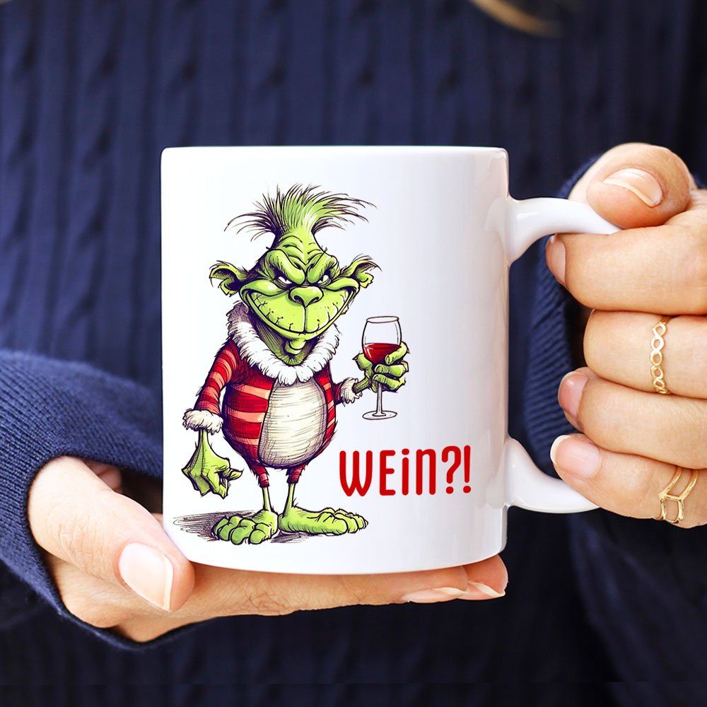 humorvolle Cadouri Tasse, Kaffeetasse WEIN?! bedruckt, beidseitig - Keramik, Motiv mit Bürotasse, Geschenk, 330 Tasse handgefertigt, ml