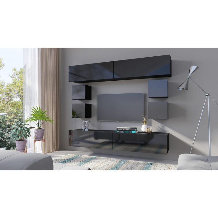 Beautysofa Wohnwand Calabrini XVI (modernes Set 2x hängendes Regal 2x TV-Schränke 4x quadratisches Regal) Wohnzimmer-Set im modernes Stil
