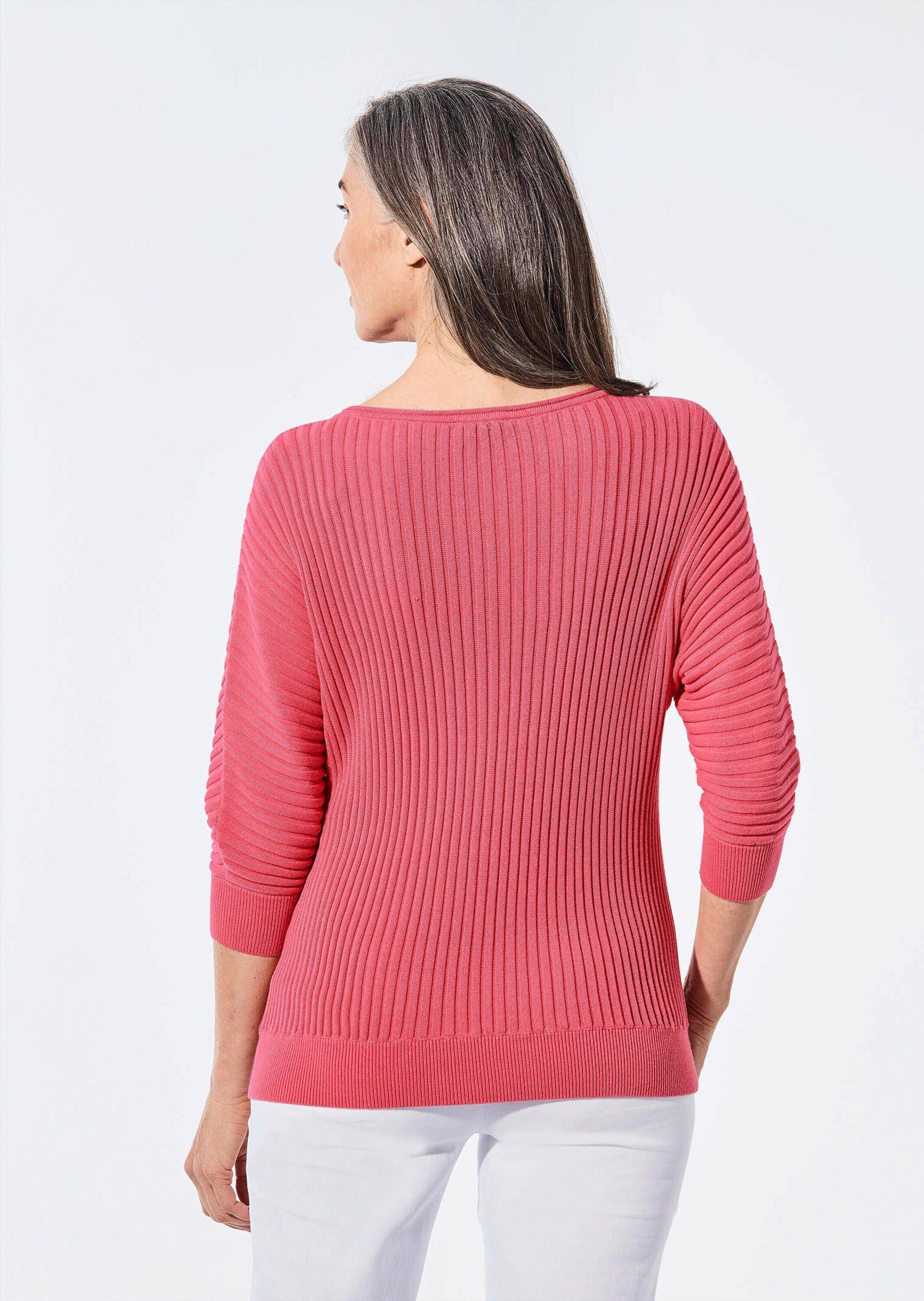 GOLDNER Strickpullover Baumwollmix mit Fledermausärmeln und Rippstruktur Modischer Stricksweater mit 3/4-Ärmeln und U-Boot-Ausschnitt