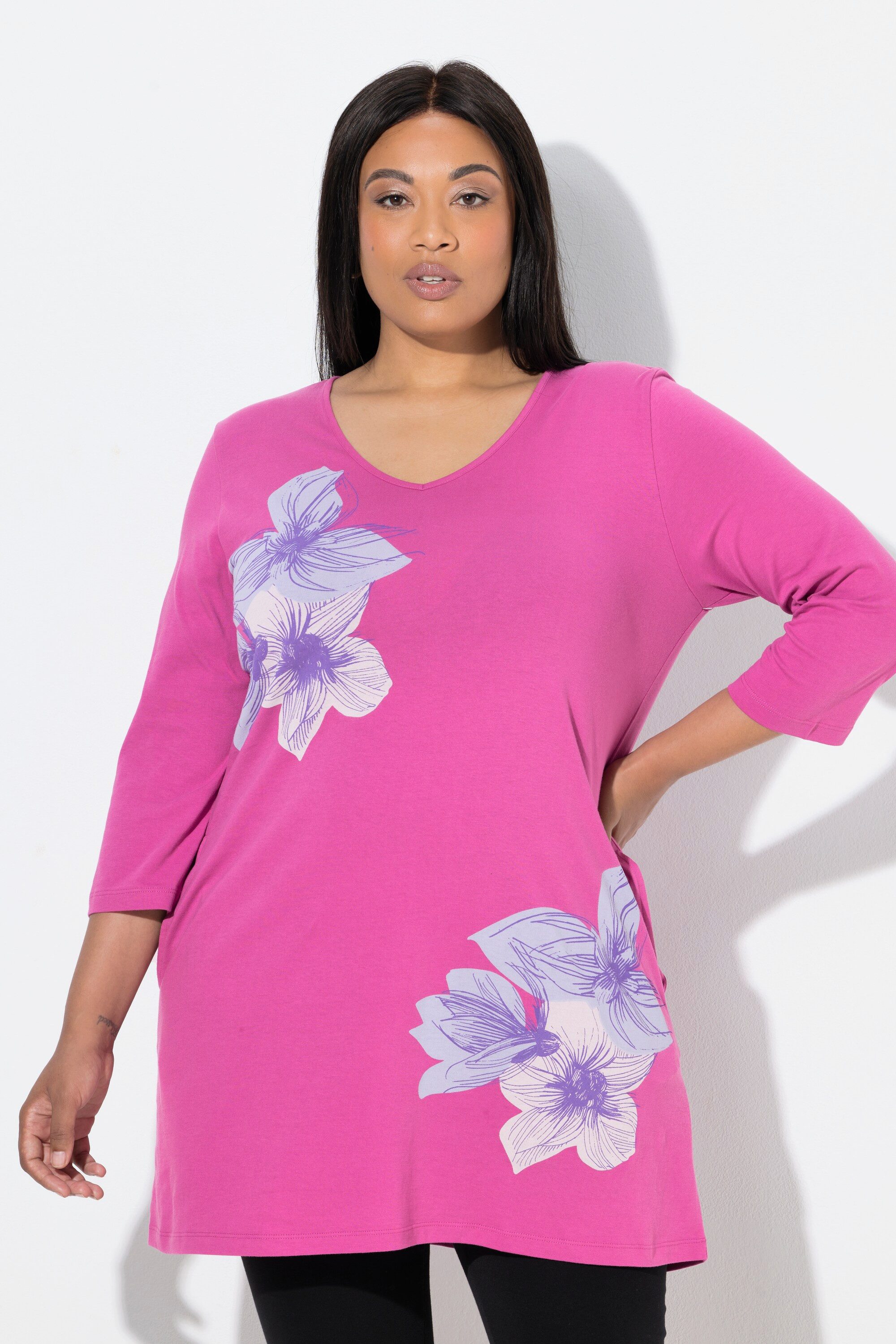Ulla Popken Longshirt Longshirt Blume A-Linie V-Ausschnitt 3/4-Arm