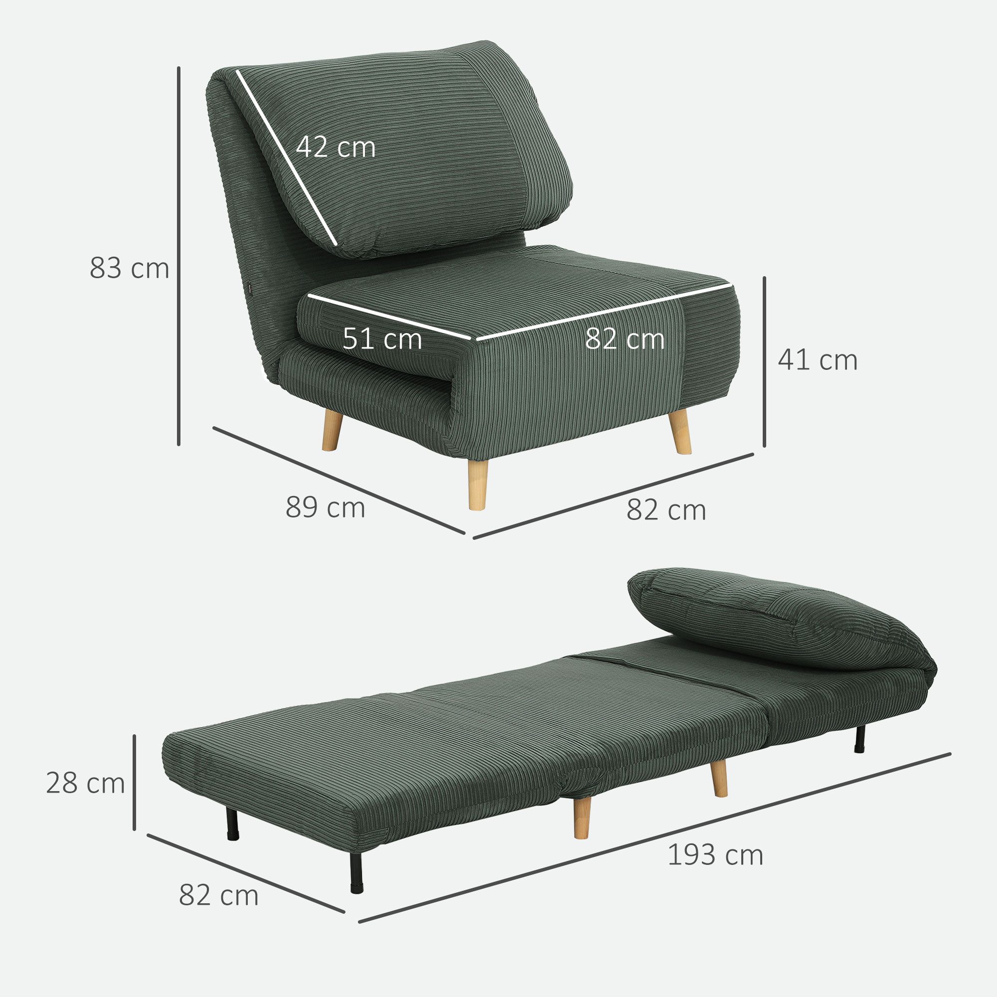 HOMCOM Sessel Verstellbar Klappmatratze Gästebett (Schlafsessel, 1-St., Schlafsofa), für Wohnzimmer, Schlafzimmer, Grün