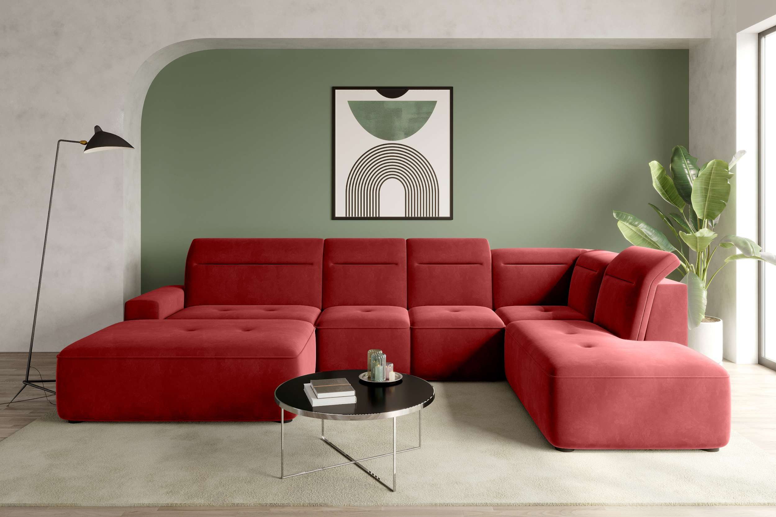 99rooms Wohnlandschaft Elvaro, Sofa, U-Form, Rundumbezug aus Velours PALLADIUM, mit und ohne Sitztiefenverstellung