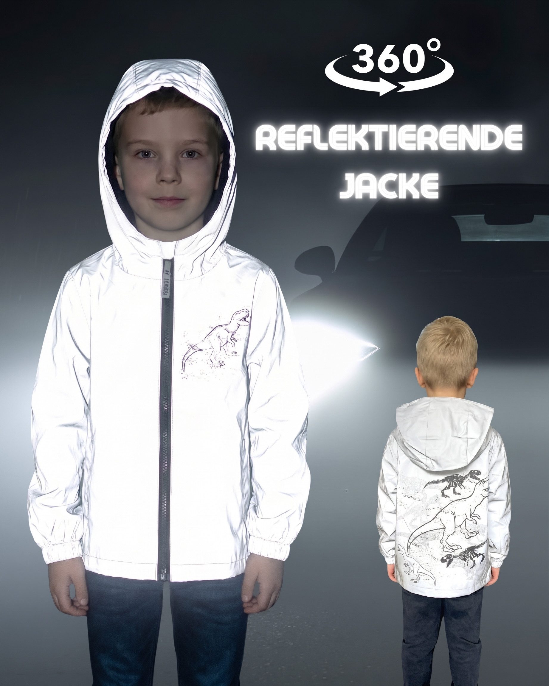 HECKBO Regen- und Matschjacke 360° Reflektor Kinder Regenjacke Windjacke Jacke Dinosaurier 3-6 Jahre – Bild 2 von 5