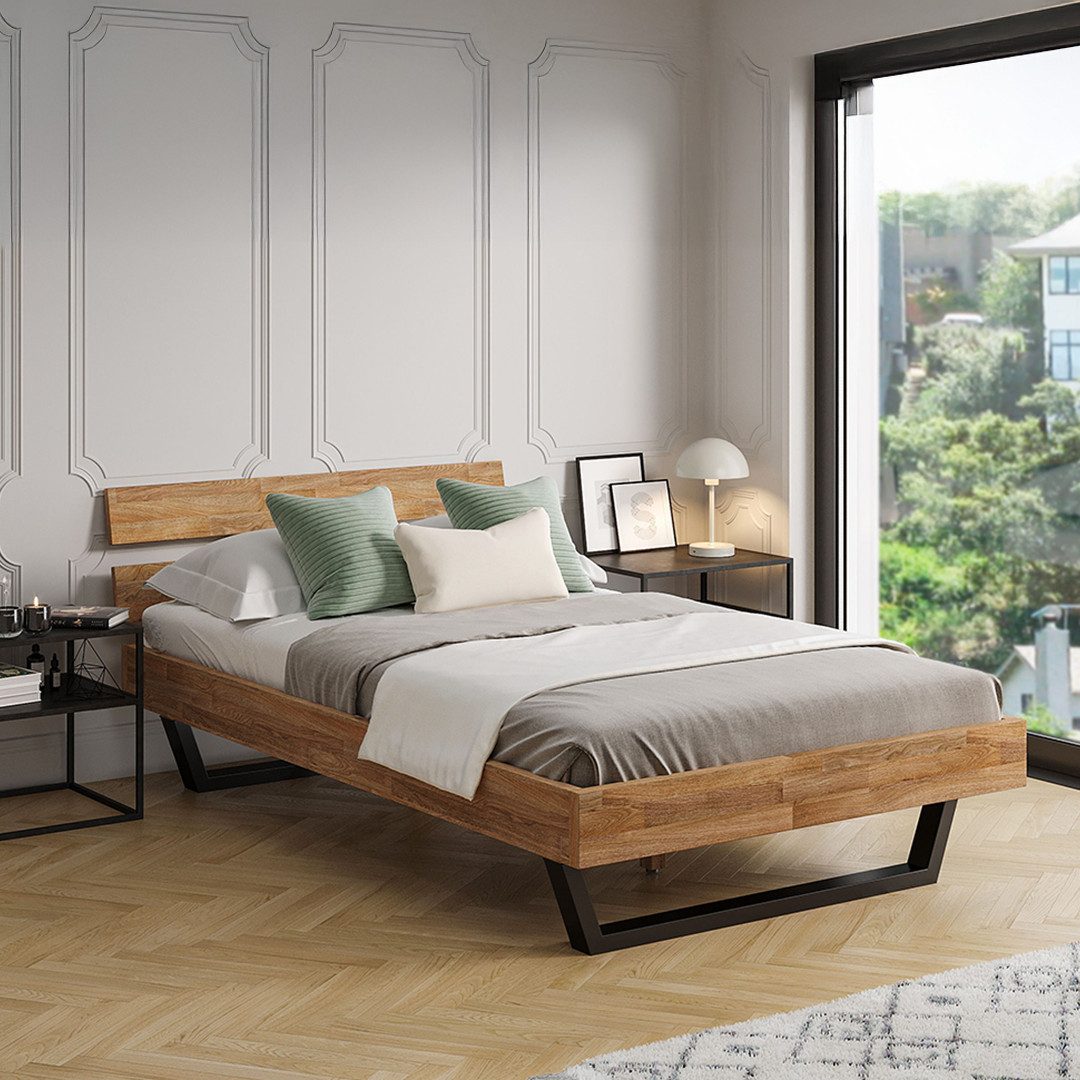 skølm Massivholzbett Alver, natur geölt mit Metallkufen, verfügbar in 120/140/160/180 x 200 cm