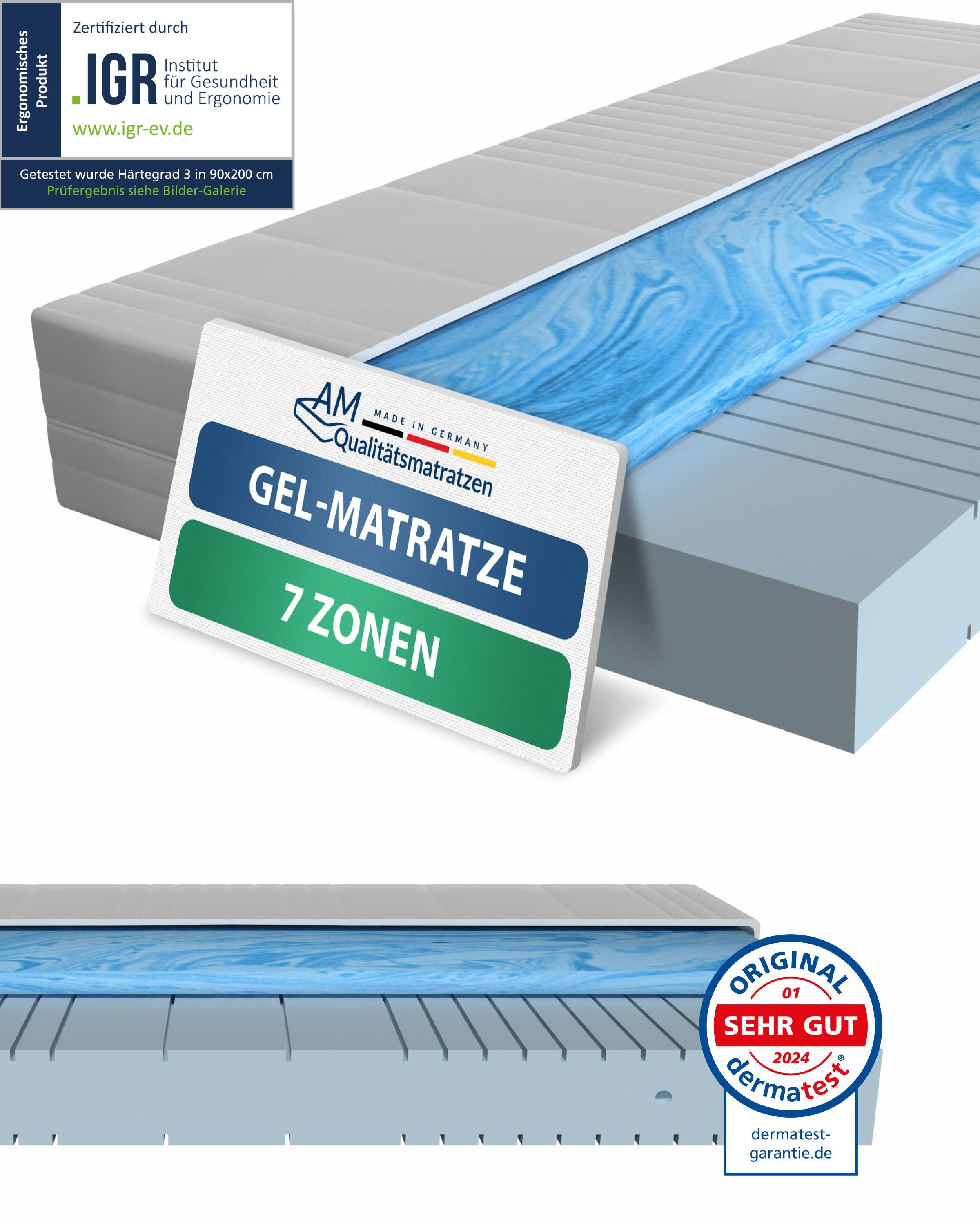 Gelschaummatratze 7-Zonen Gel-Matratze, Hochwertige Matratze mit Memory Foam, Gelschaum, AM Qualitätsmatratzen, 20 cm hoch, 90x200 cm